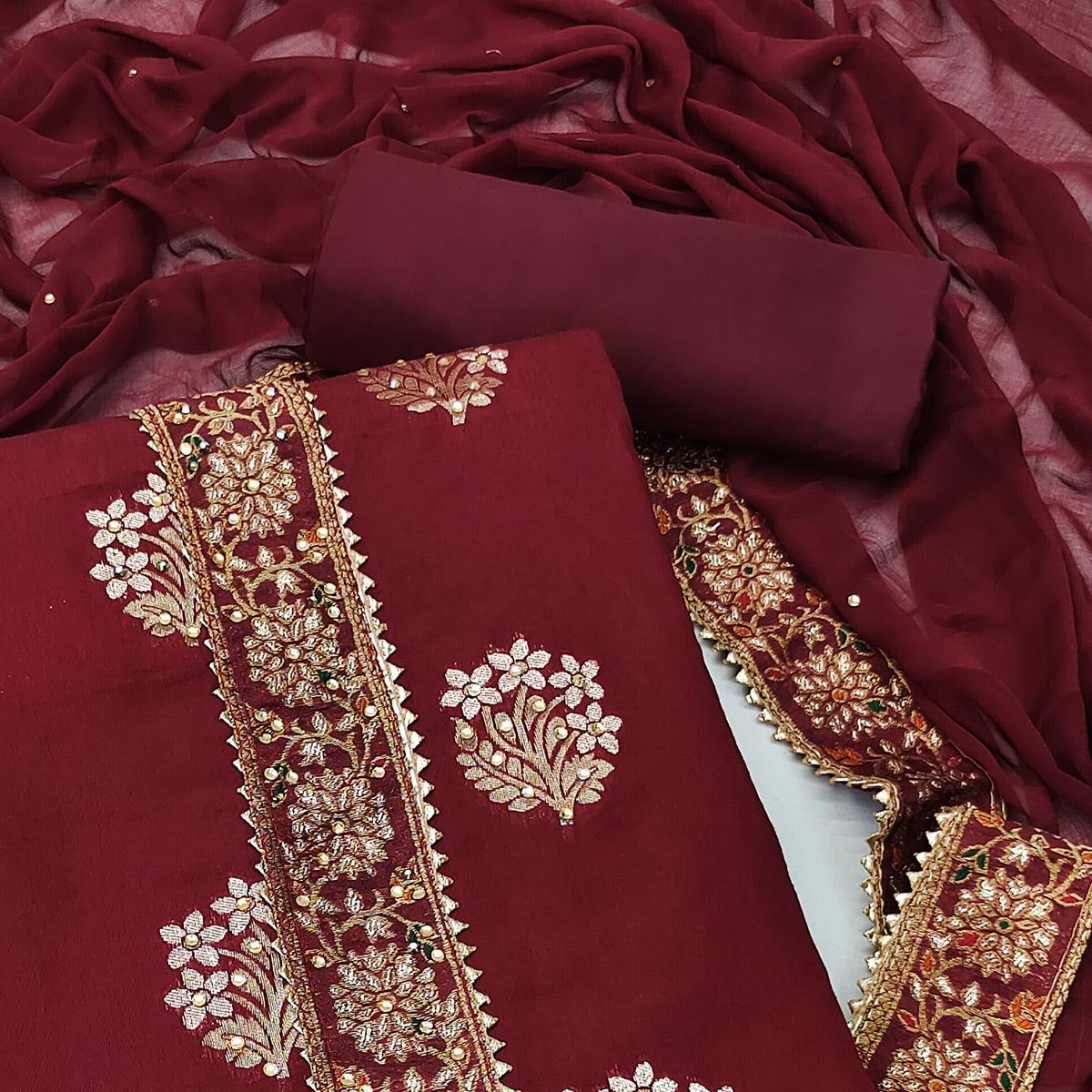 Maroon Woven With Embellished Jacquard Dress Material - Peachmode