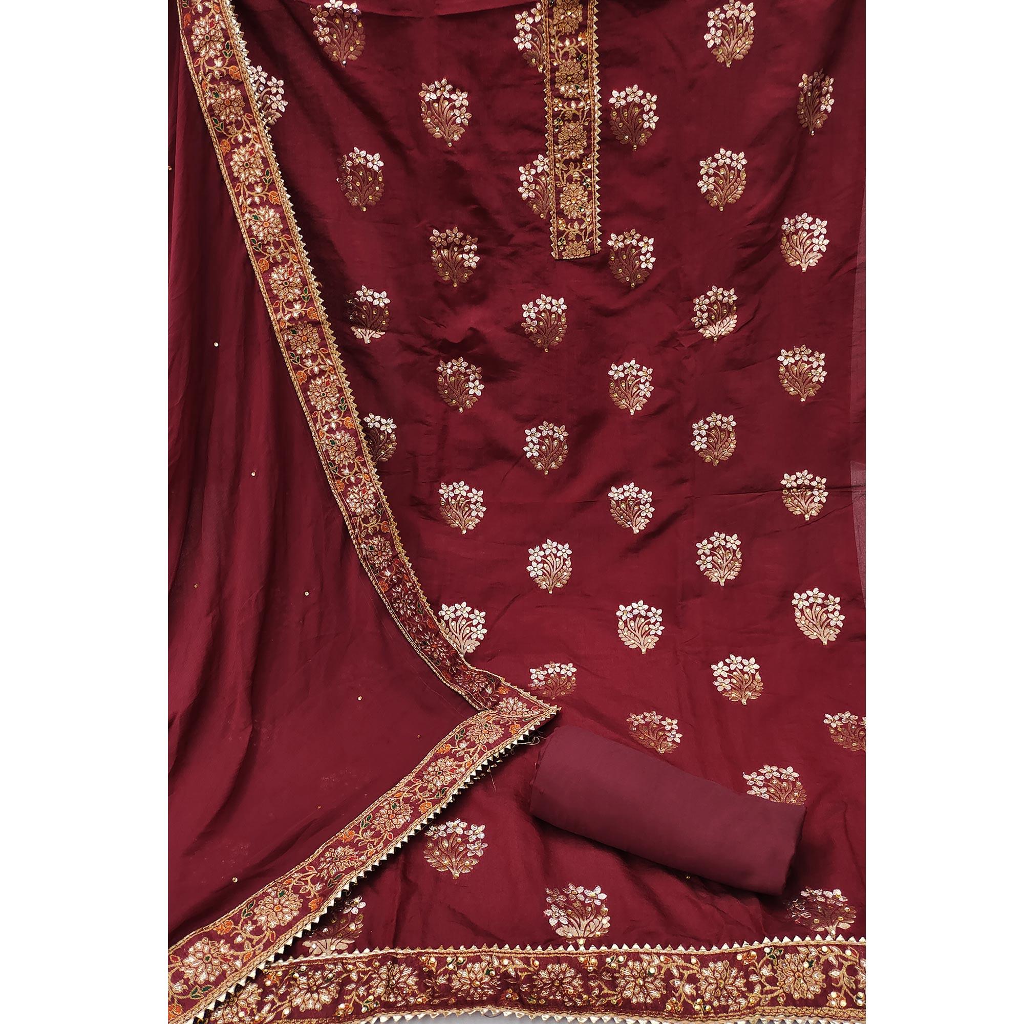 Maroon Woven With Embellished Jacquard Dress Material - Peachmode