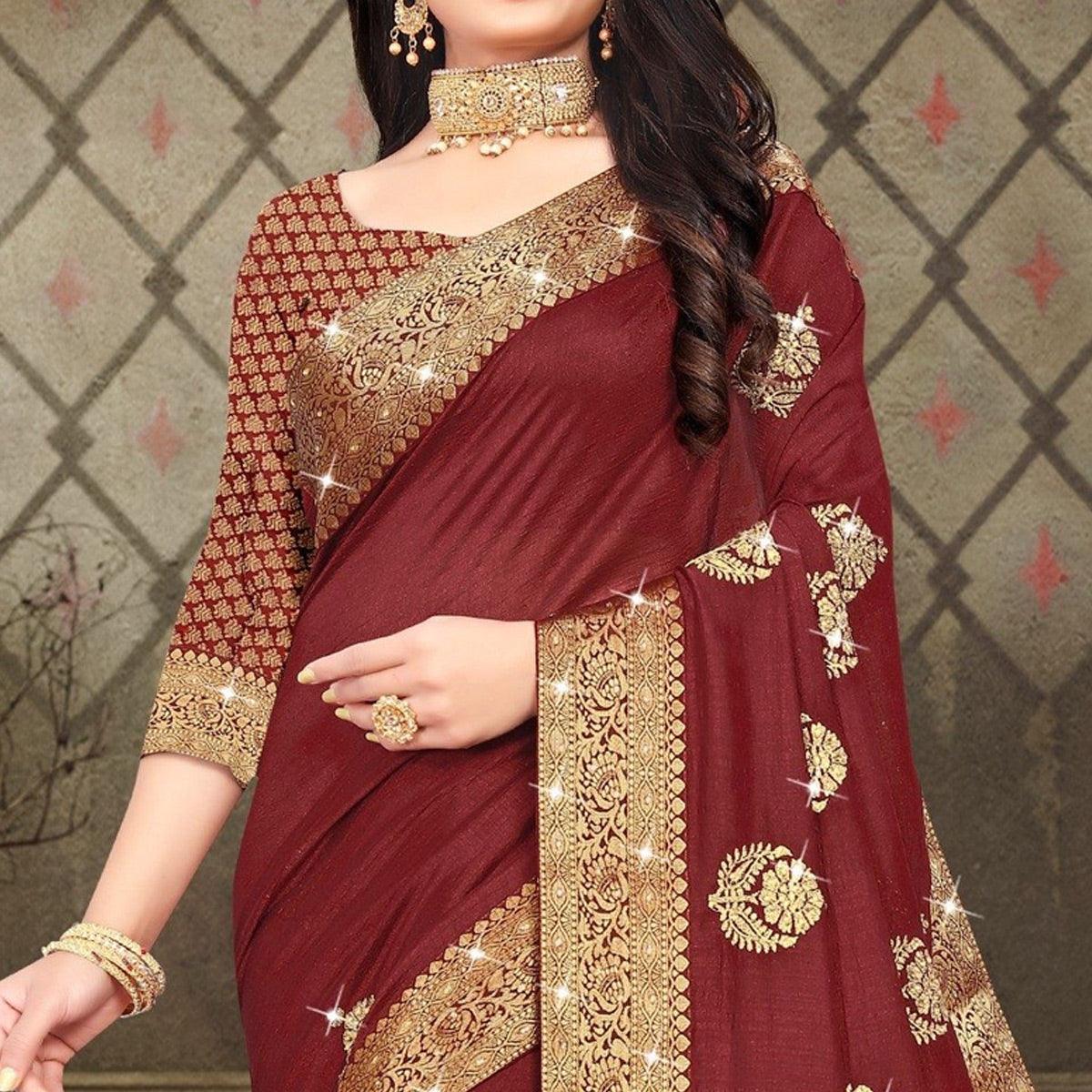 Maroon Woven With Embellished Vichitra Silk Saree - Peachmode