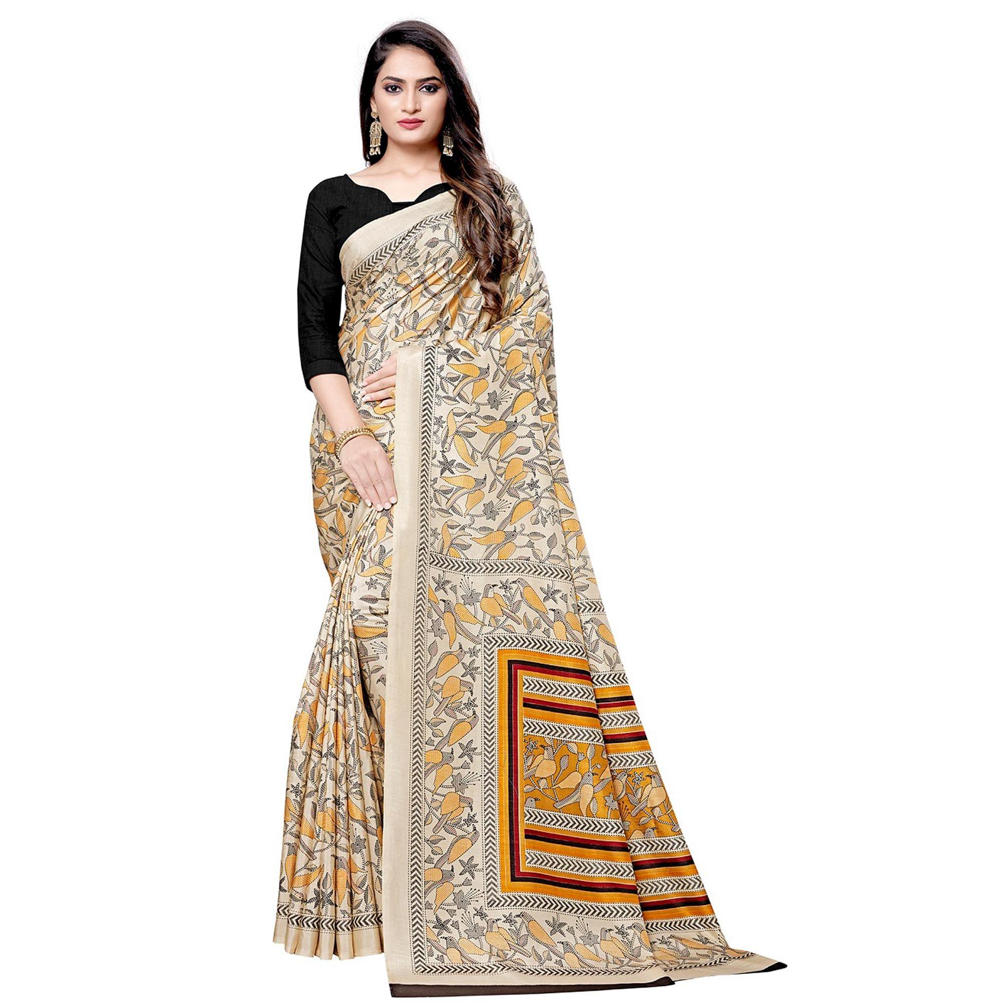 Marvellous Beige Colored Casual Printed Silk Saree - Peachmode