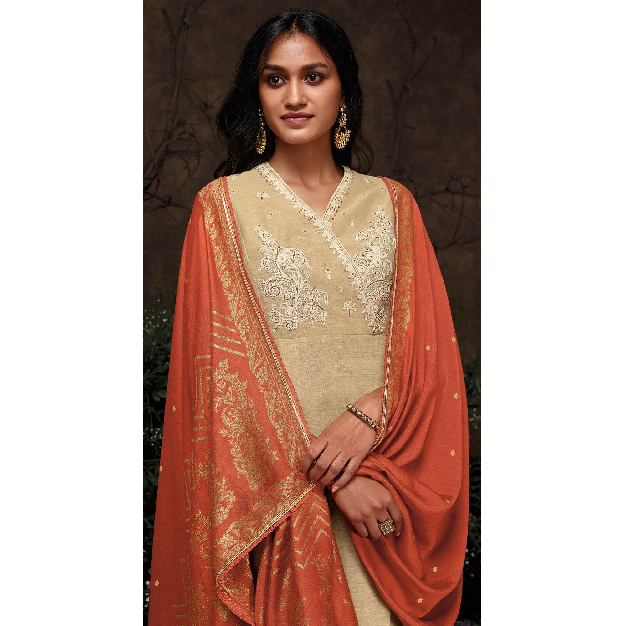 Marvellous Beige Colored Partywear Embroidered Silk Kurti-Palazzo Set With Banarasi Dupatta - Peachmode