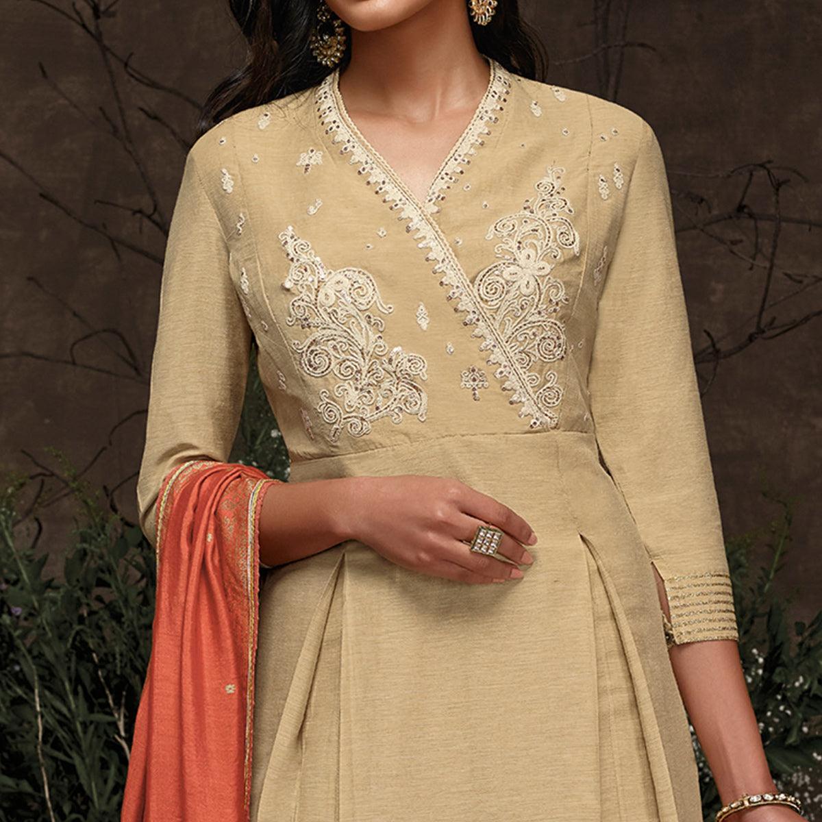 Marvellous Beige Colored Partywear Embroidered Silk Kurti-Palazzo Set With Banarasi Dupatta - Peachmode