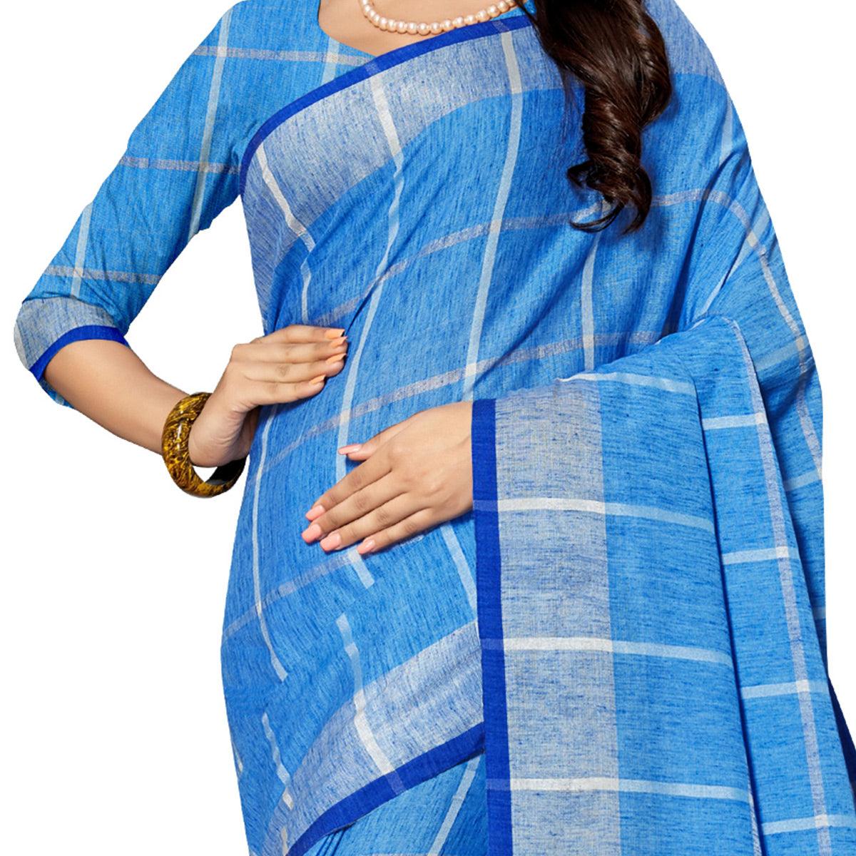 Marvellous Blue Colored Fesive Wear Stripe Print Cotton Silk Saree With Tassels - Peachmode