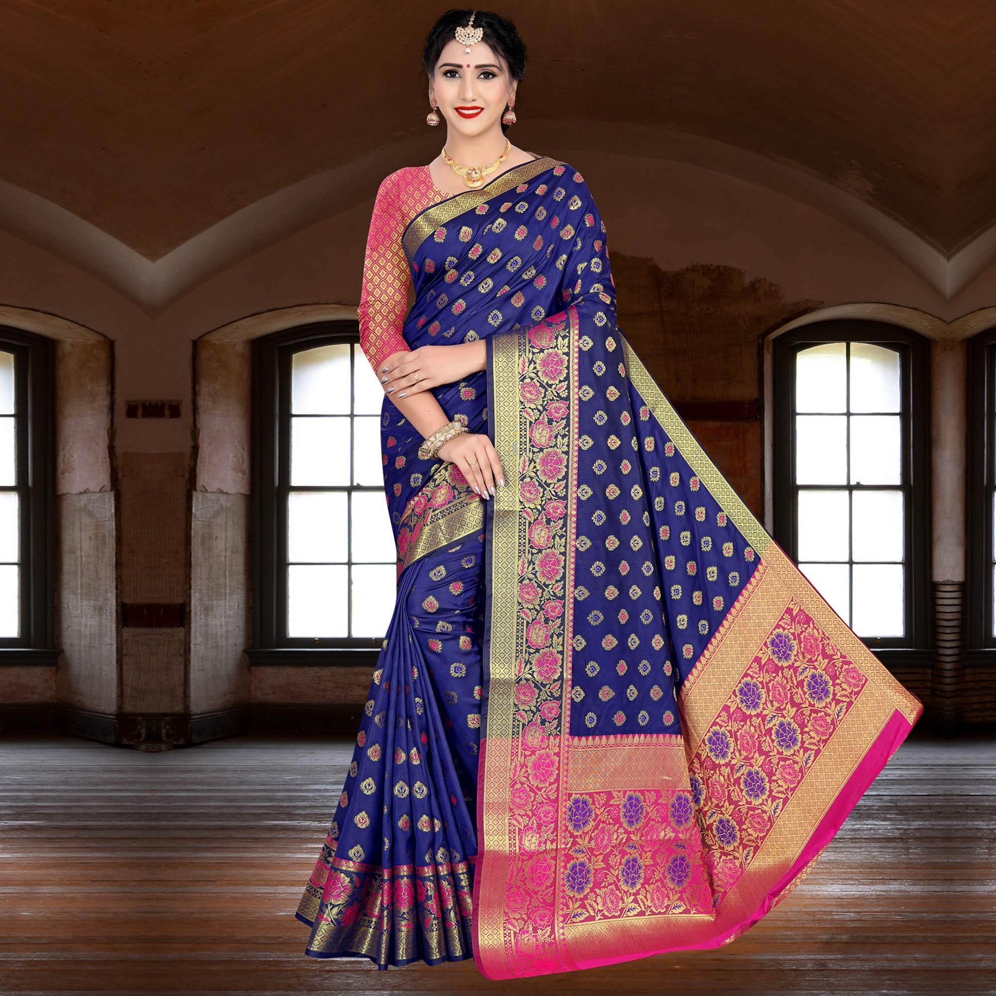 Marvellous Blue Colored Festive Wear Woven Silk Saree - Peachmode