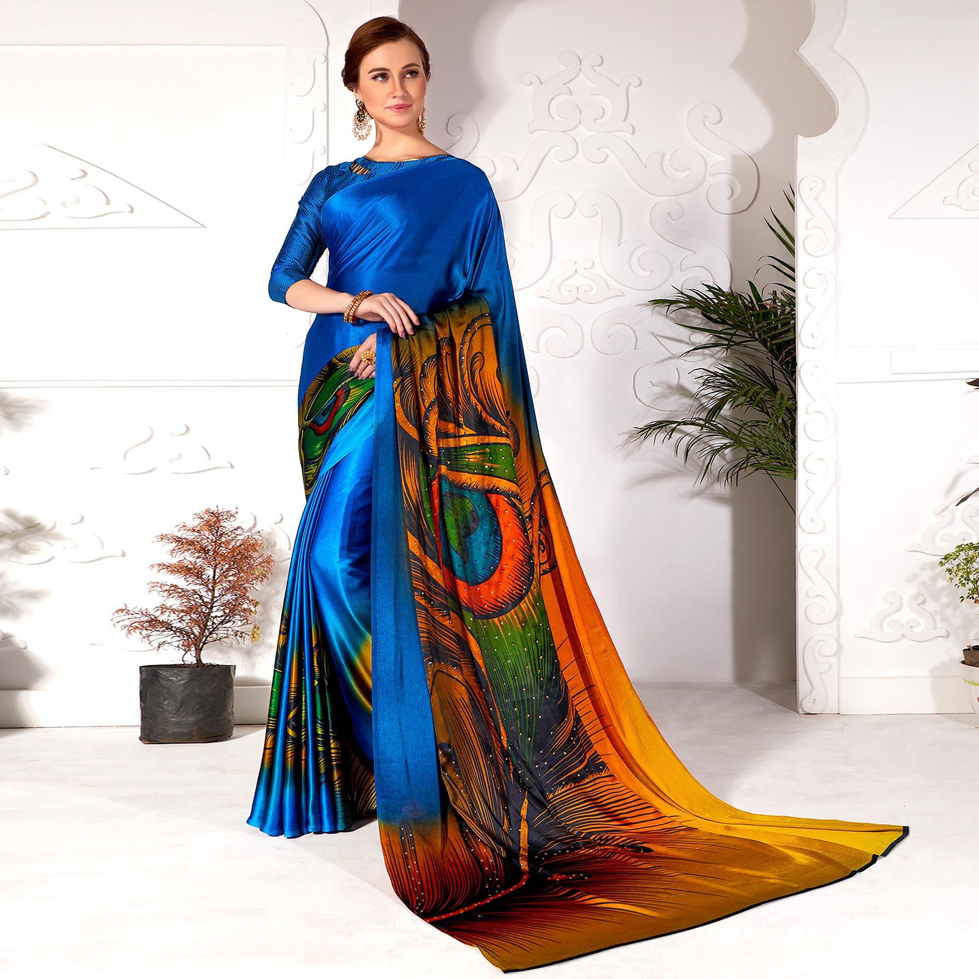 Marvellous Blue Colored Partywear Peacock Feather Printed Satin Saree - Peachmode