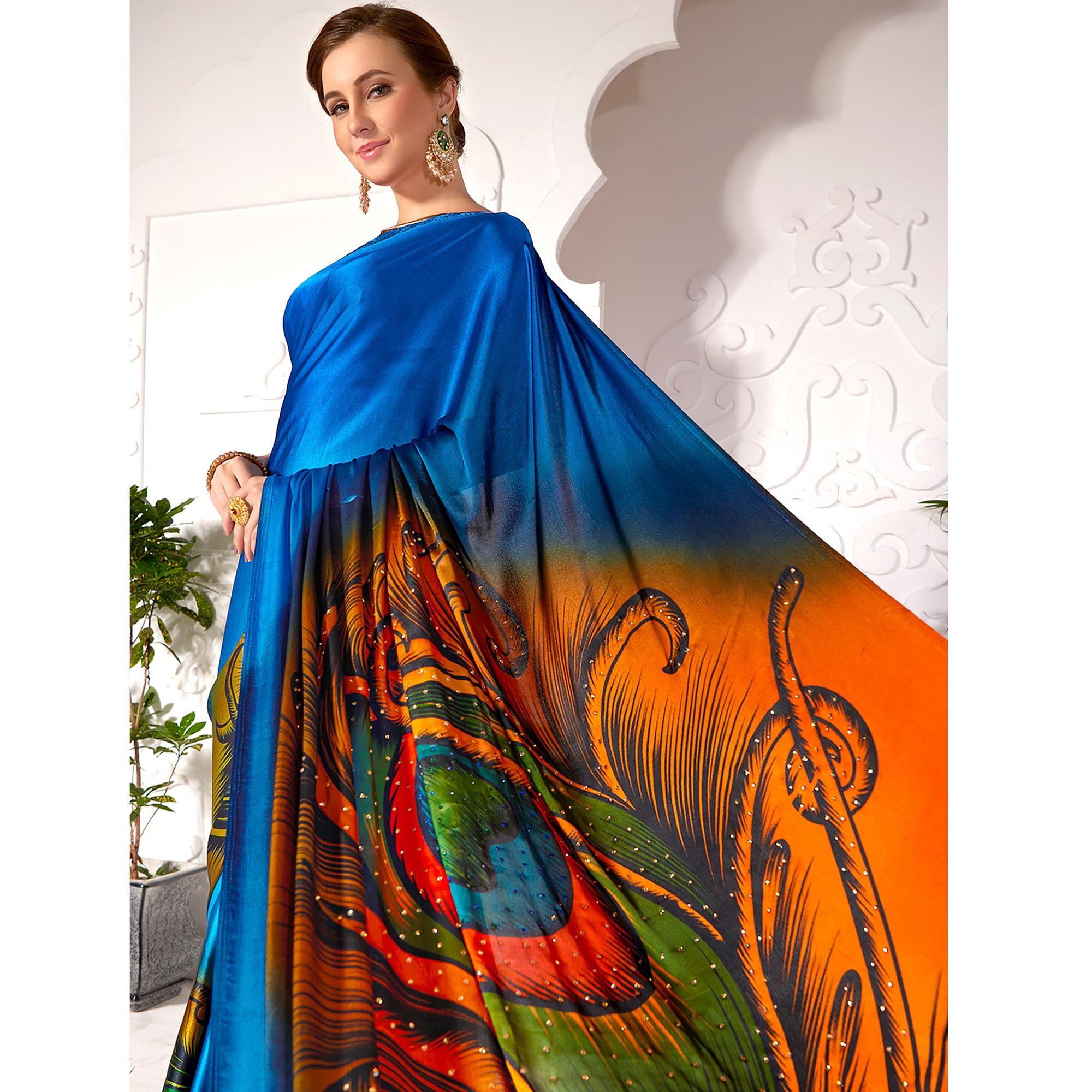 Marvellous Blue Colored Partywear Peacock Feather Printed Satin Saree - Peachmode