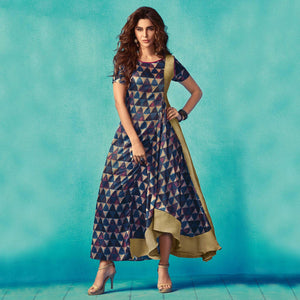 Marvellous Blue Colored Partywear Printed Satin Kurti - Peachmode