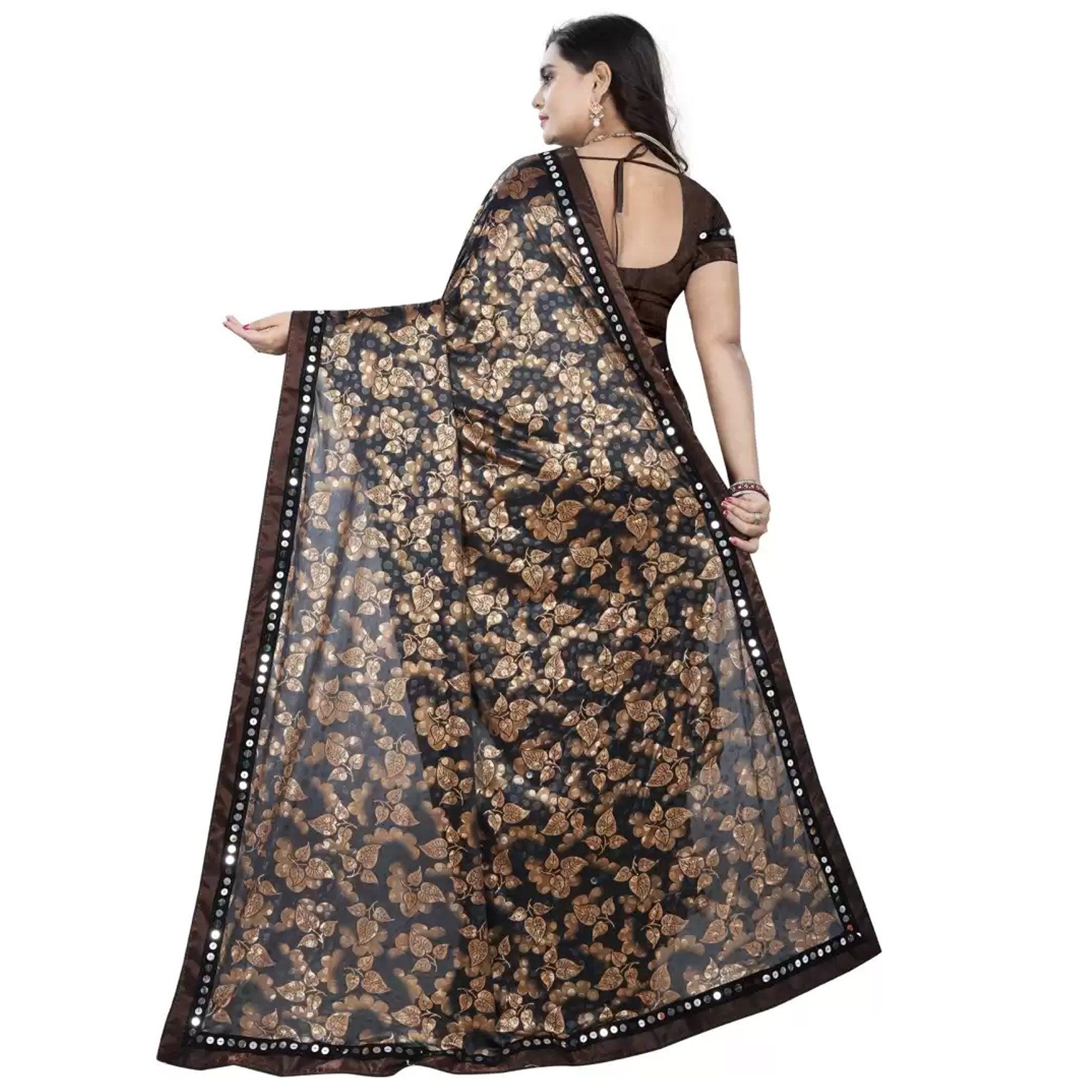 Marvellous Brown-Black Colored Casual Wear Floral Ruffle Art Silk Saree - Peachmode