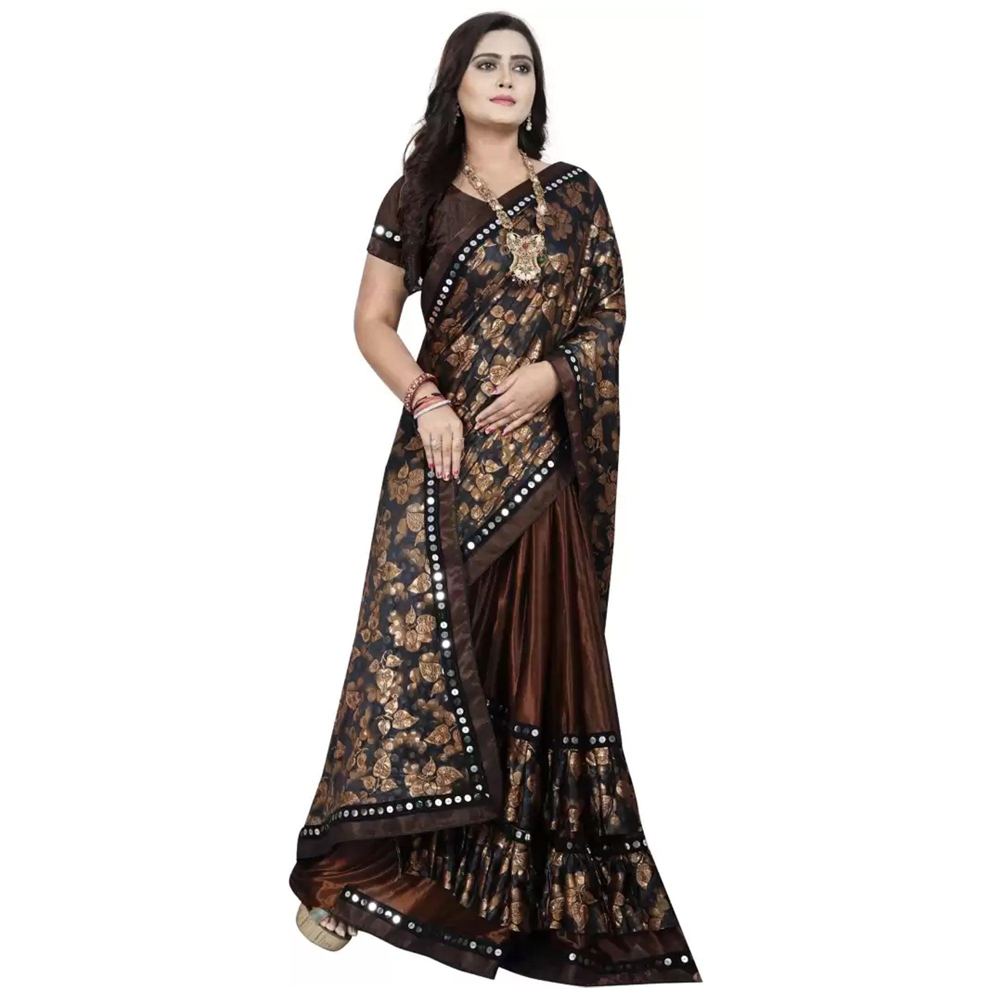 Marvellous Brown-Black Colored Casual Wear Floral Ruffle Art Silk Saree - Peachmode