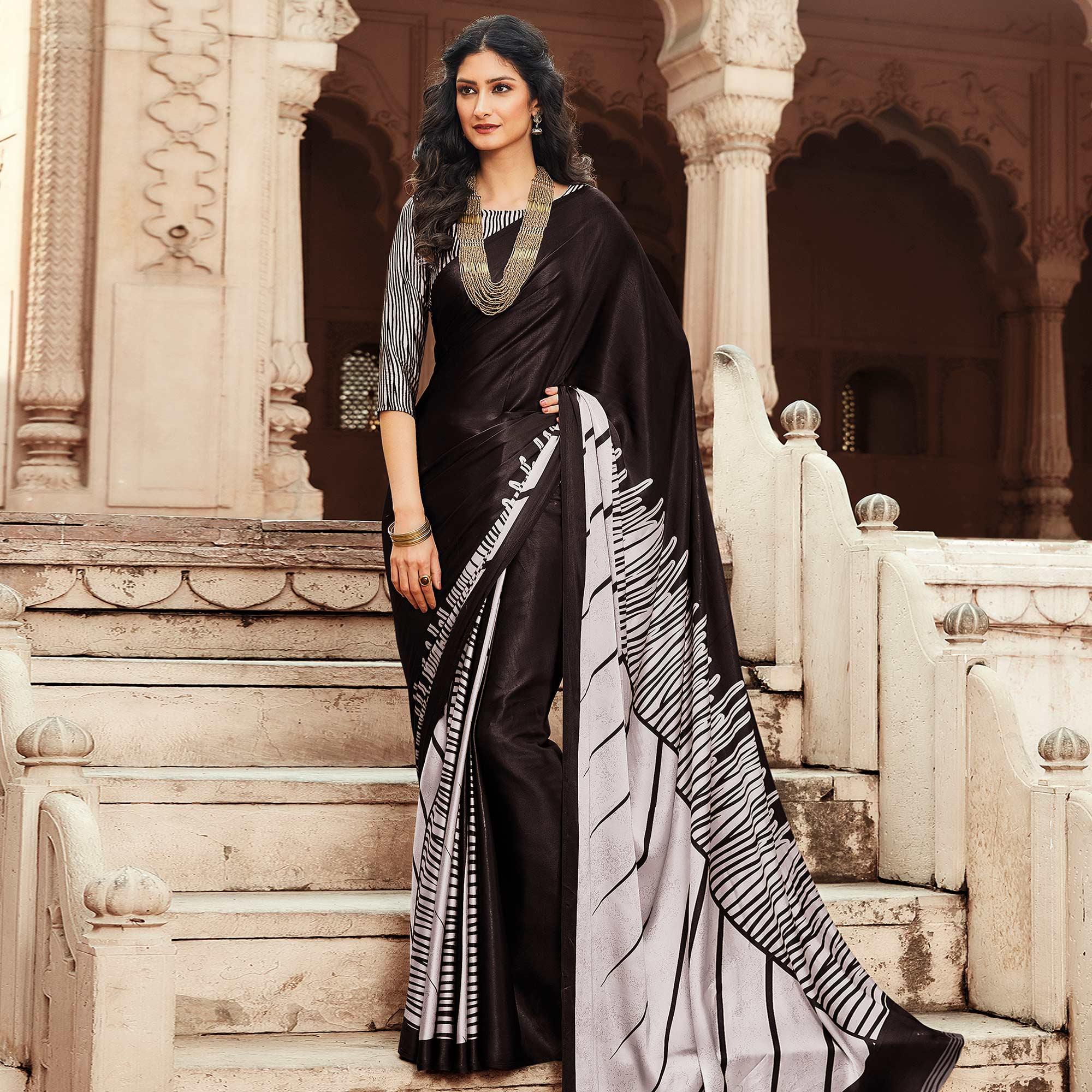 Marvellous Dark Brown Colored Partywear Printed Japan Silk Saree - Peachmode