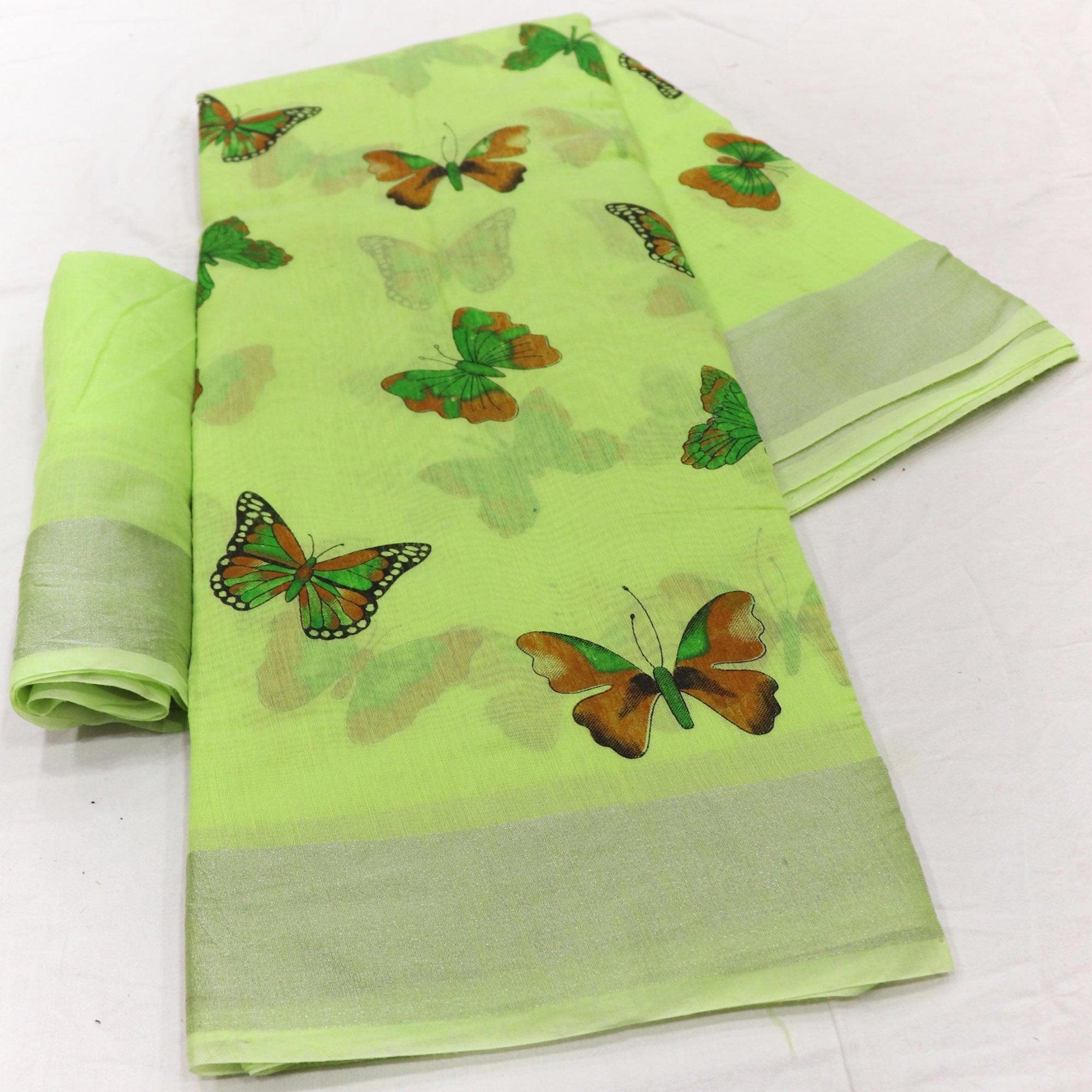 Marvellous Green Colored Casual Wear Butterfly Block Printed Cotton Linen Saree - Peachmode