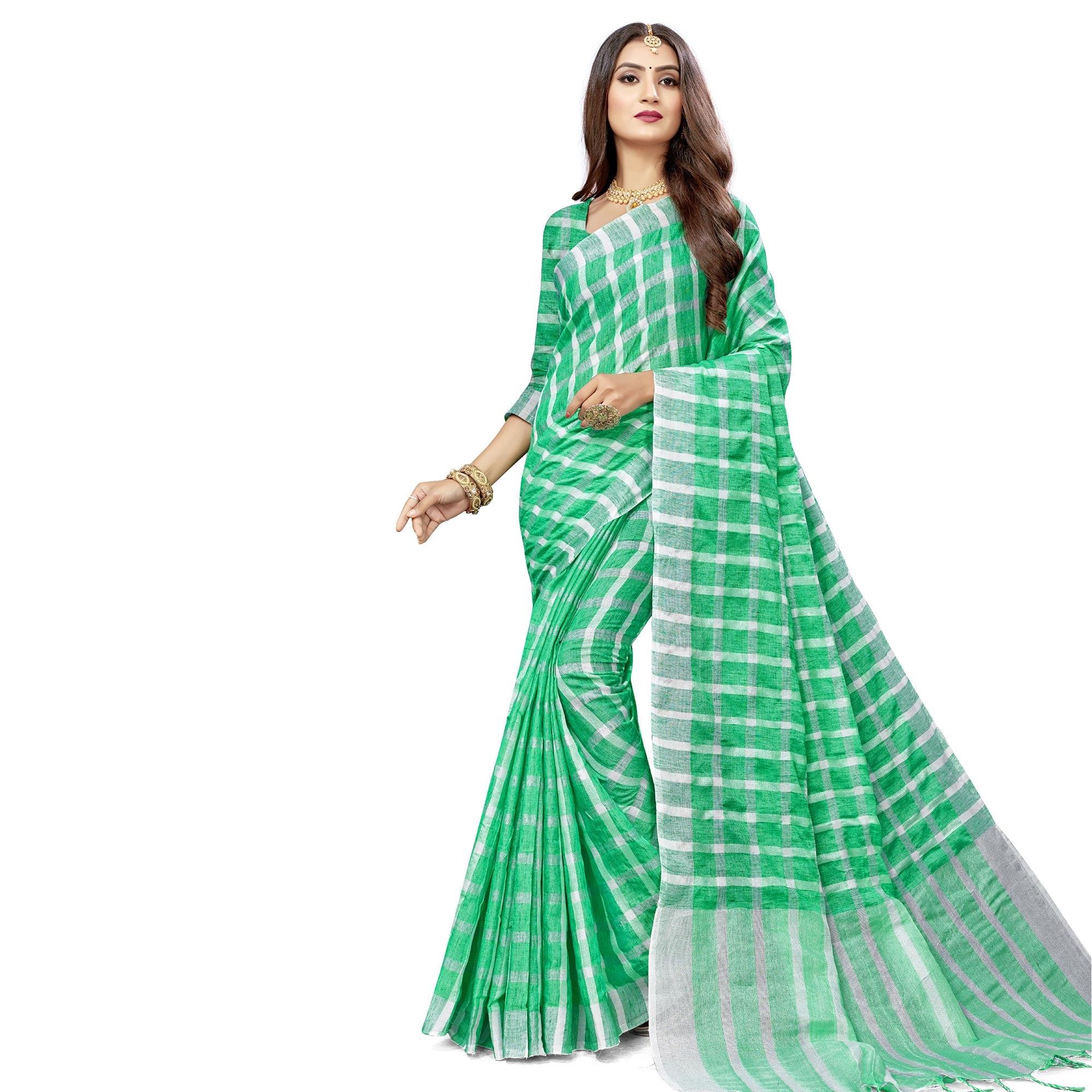 Marvellous Green Colored Fesive Wear Checks Print Cotton Silk Saree With Tassels - Peachmode