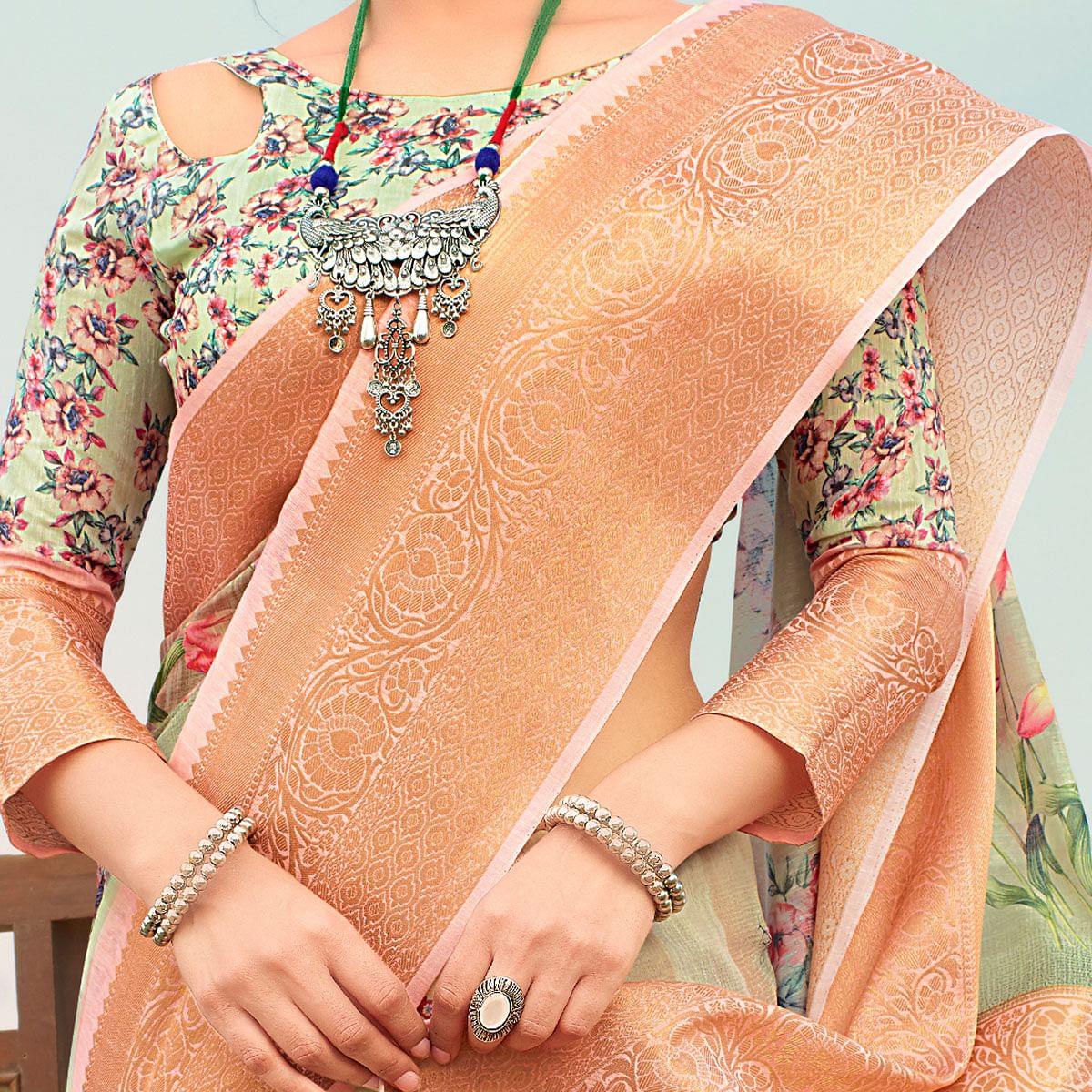 Marvellous Green Colored Festive Wear Digital Floral Printed Linen Saree - Peachmode