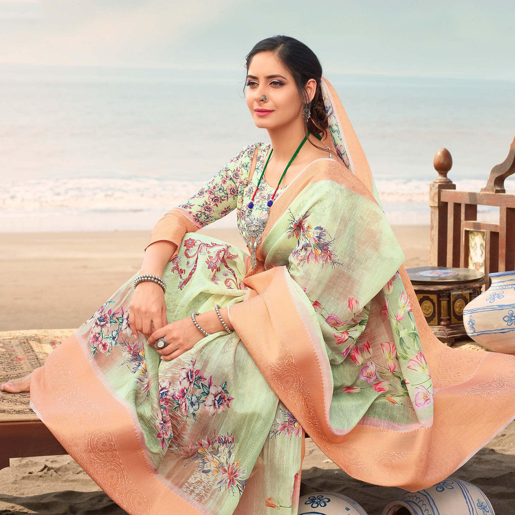 Marvellous Green Colored Festive Wear Digital Floral Printed Linen Saree - Peachmode