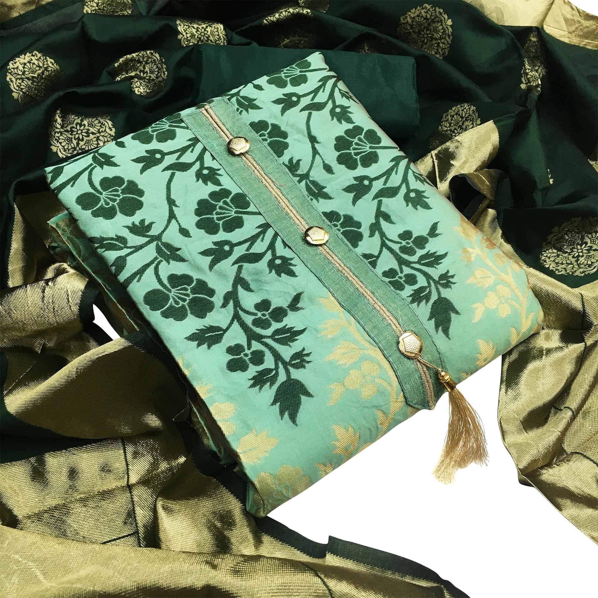 Marvellous Green Colored Festive Wear Woven Heavy Banarasi Silk Dress Material - Peachmode