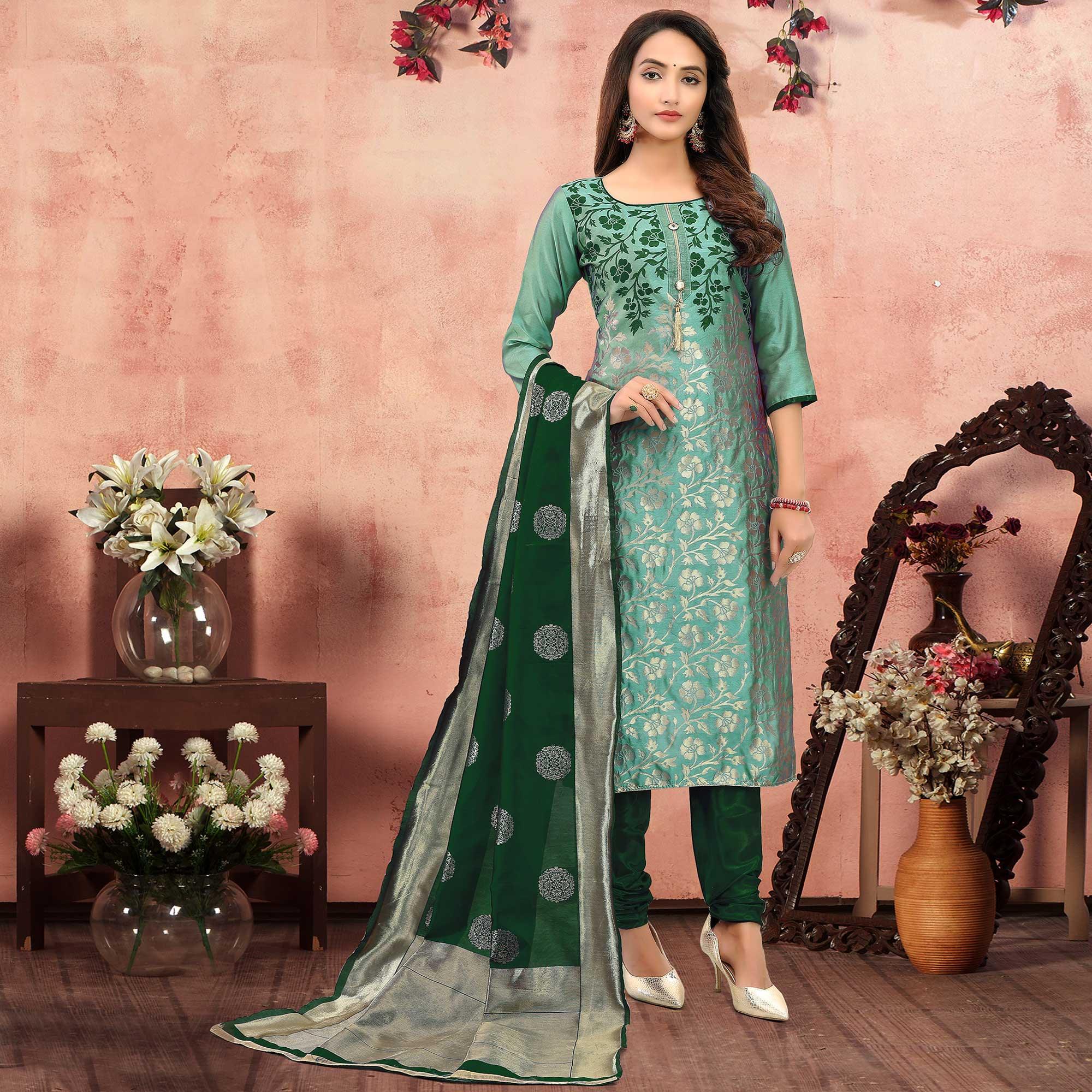 Marvellous Green Colored Festive Wear Woven Heavy Banarasi Silk Dress Material - Peachmode