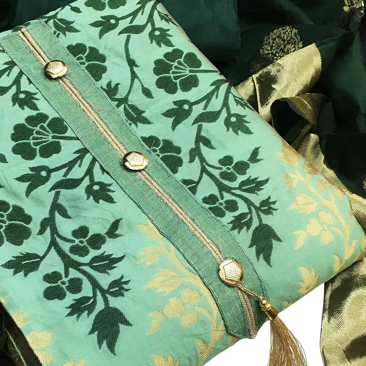 Marvellous Green Colored Festive Wear Woven Heavy Banarasi Silk Dress Material - Peachmode