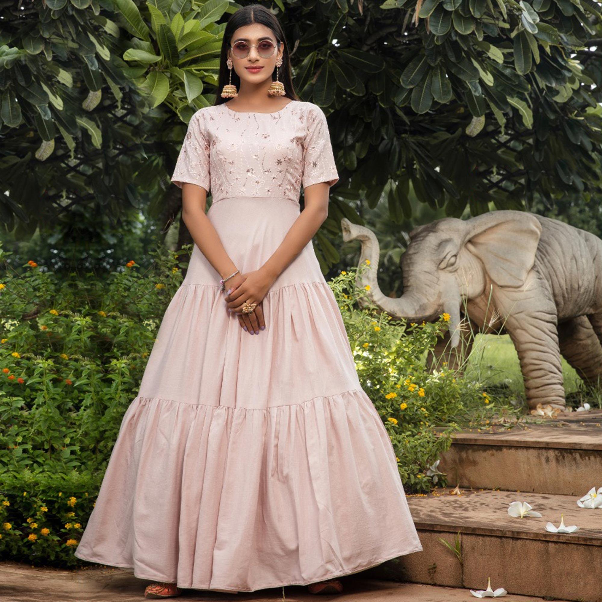 Marvellous Light Peach Colored Party Wear Embroidered Cotton Gown - Peachmode