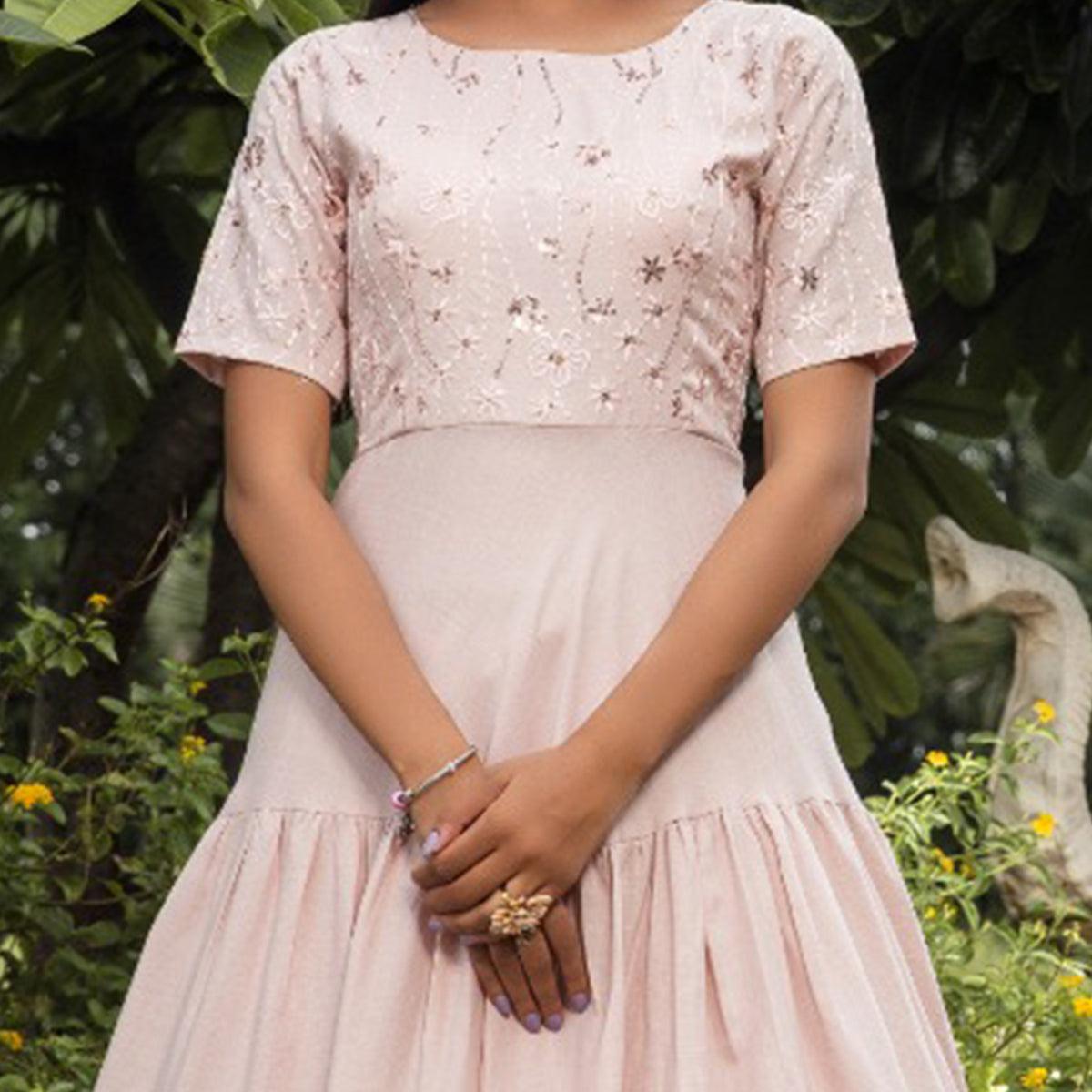Marvellous Light Peach Colored Party Wear Embroidered Cotton Gown - Peachmode