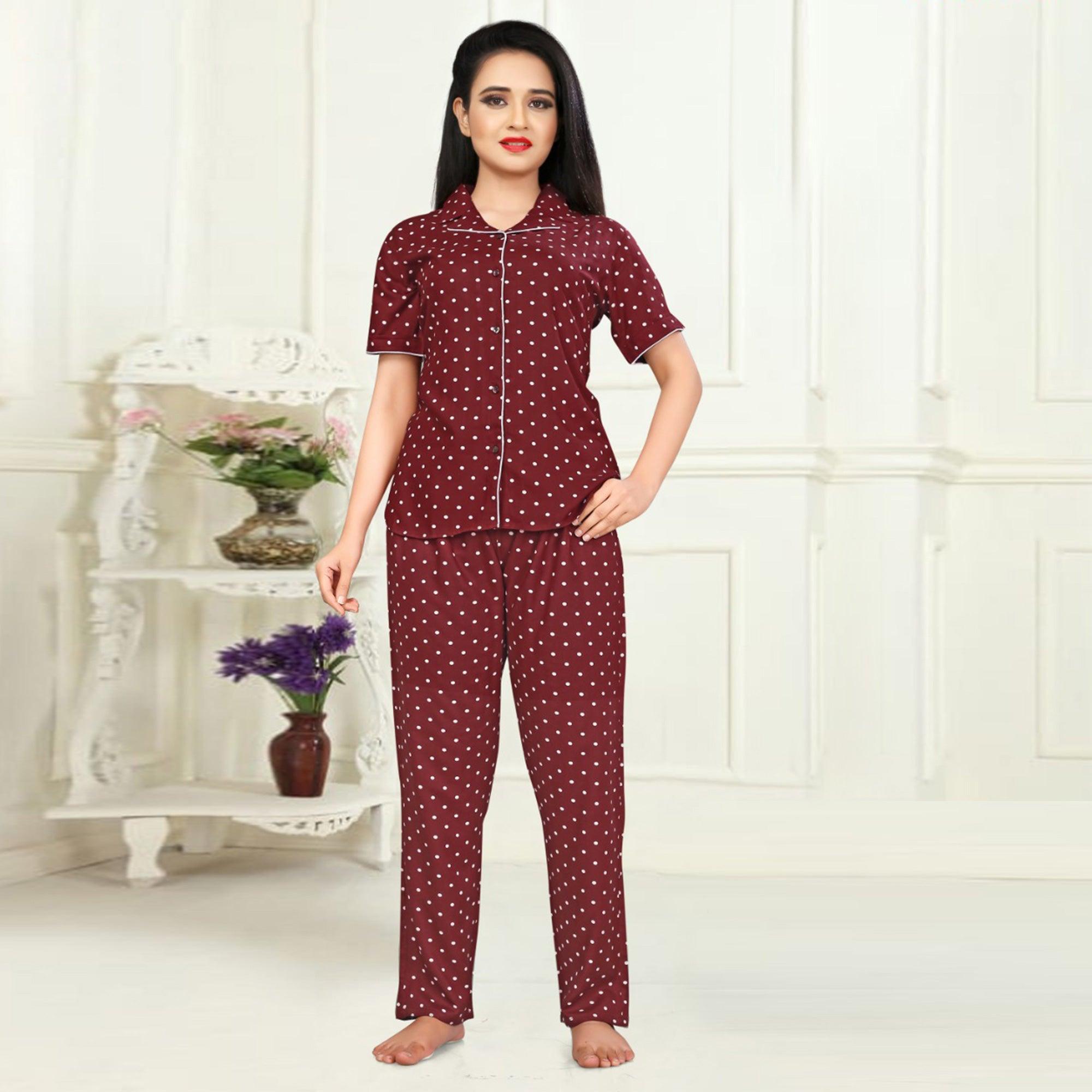 Marvellous Maroon Colored Printed Cotton Rayon Night Suit - Peachmode