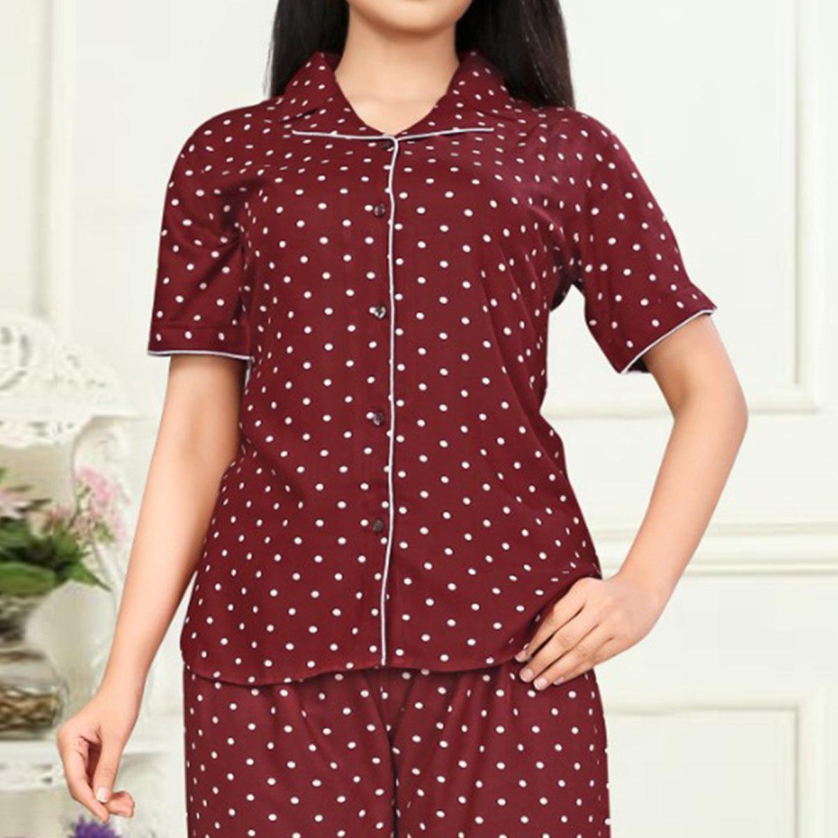 Marvellous Maroon Colored Printed Cotton Rayon Night Suit - Peachmode