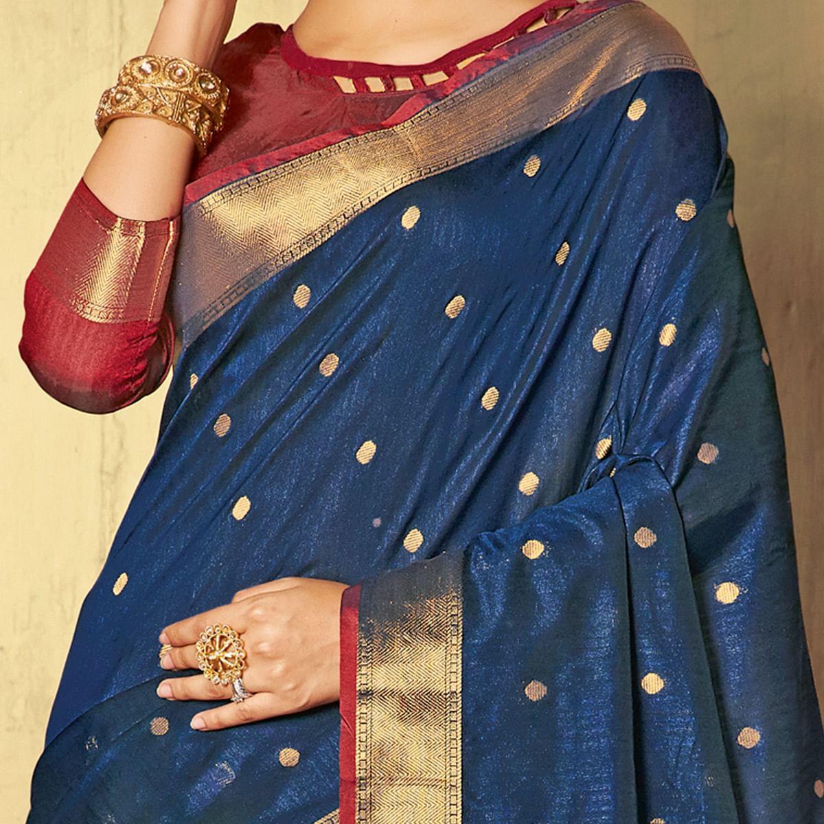 Marvellous Navy Blue Colored Festive Wear Woven Handloom Silk Saree With Tassels - Peachmode