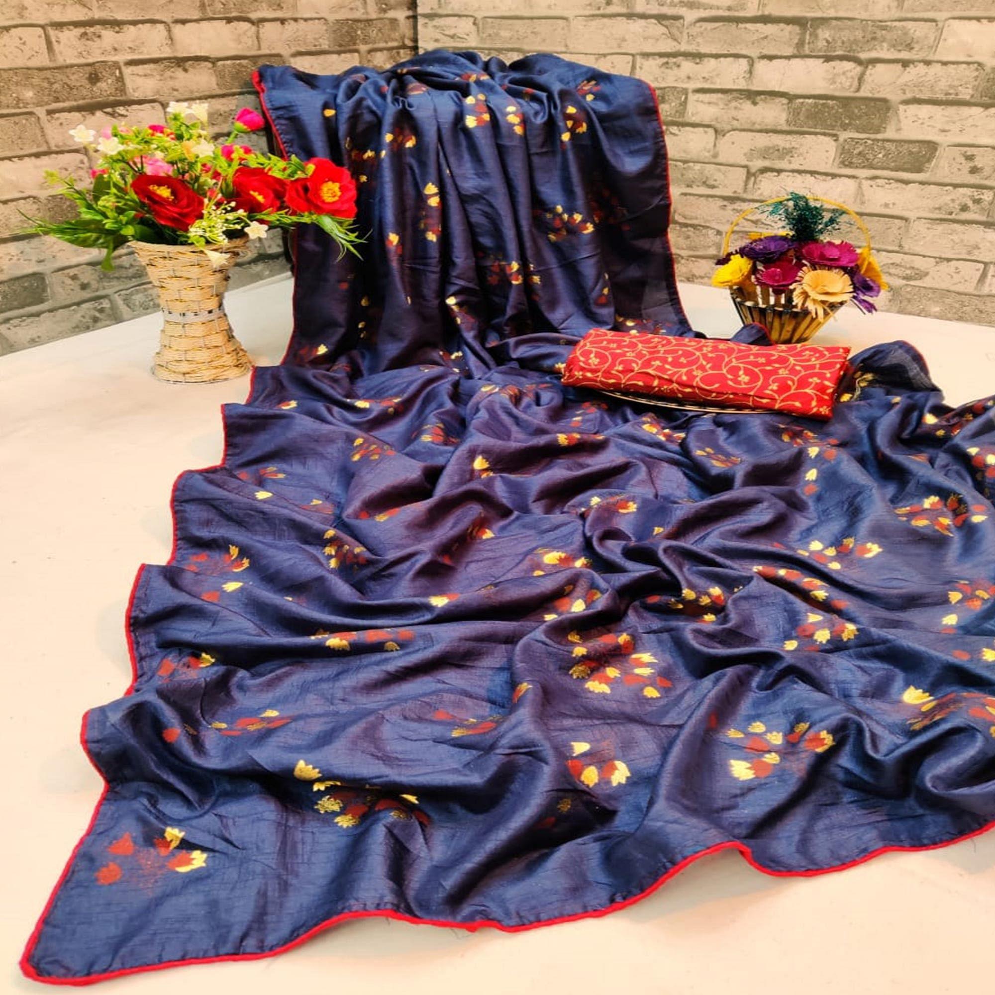 Marvellous Navy Blue Colored Partywear Foil Printed Dola Silk Saree - Peachmode