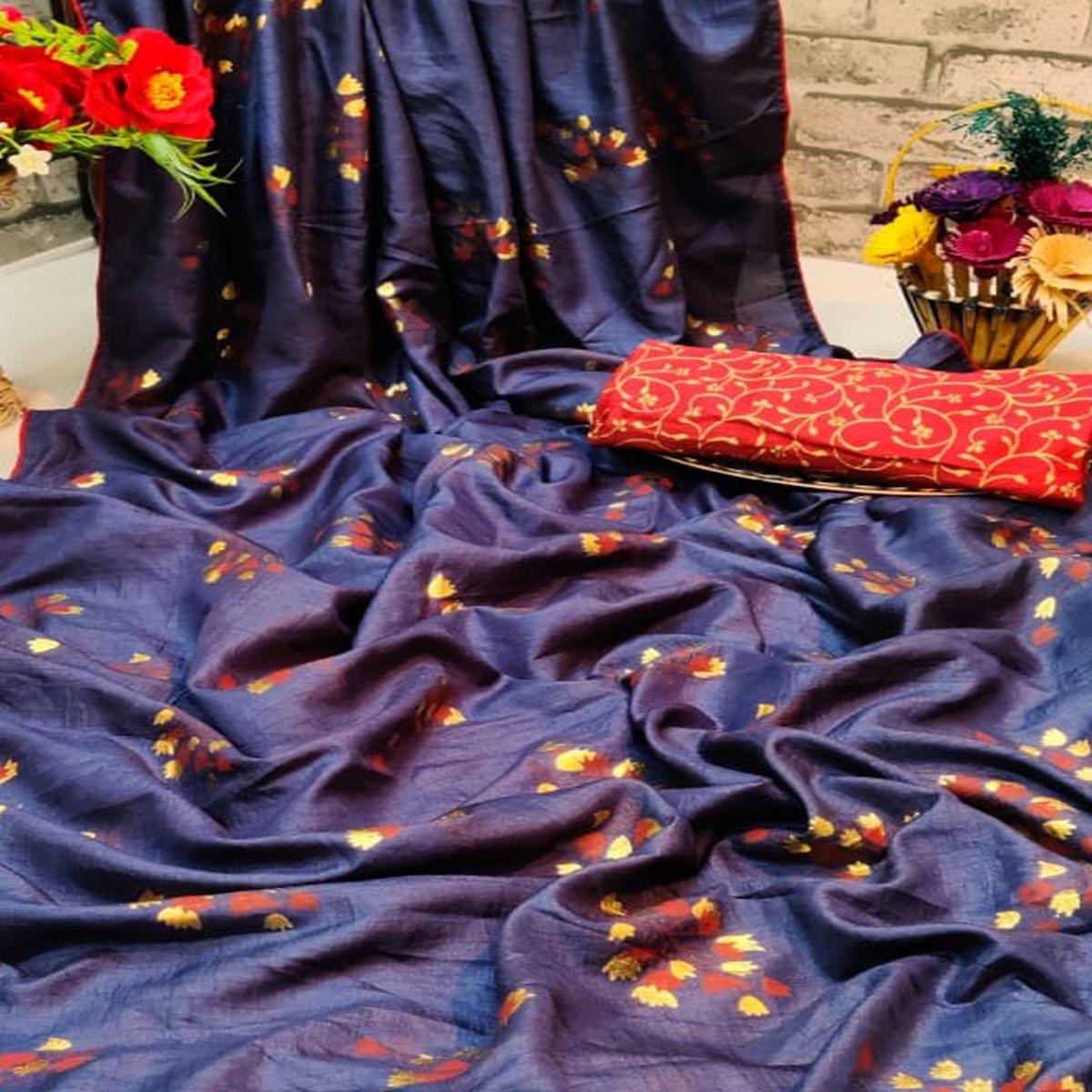 Marvellous Navy Blue Colored Partywear Foil Printed Dola Silk Saree - Peachmode