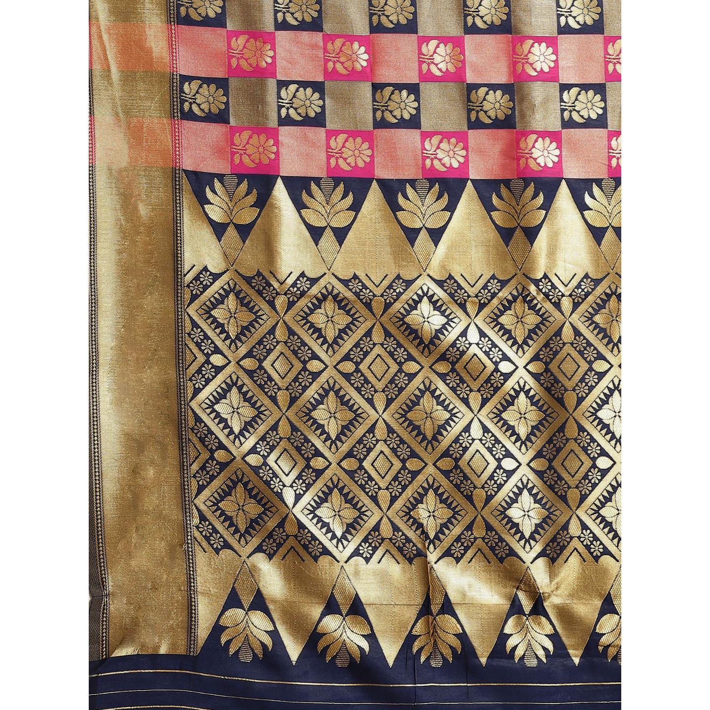 Marvellous Navy Blue - Pink Colored Festive Wear Woven Silk Blend Saree - Peachmode