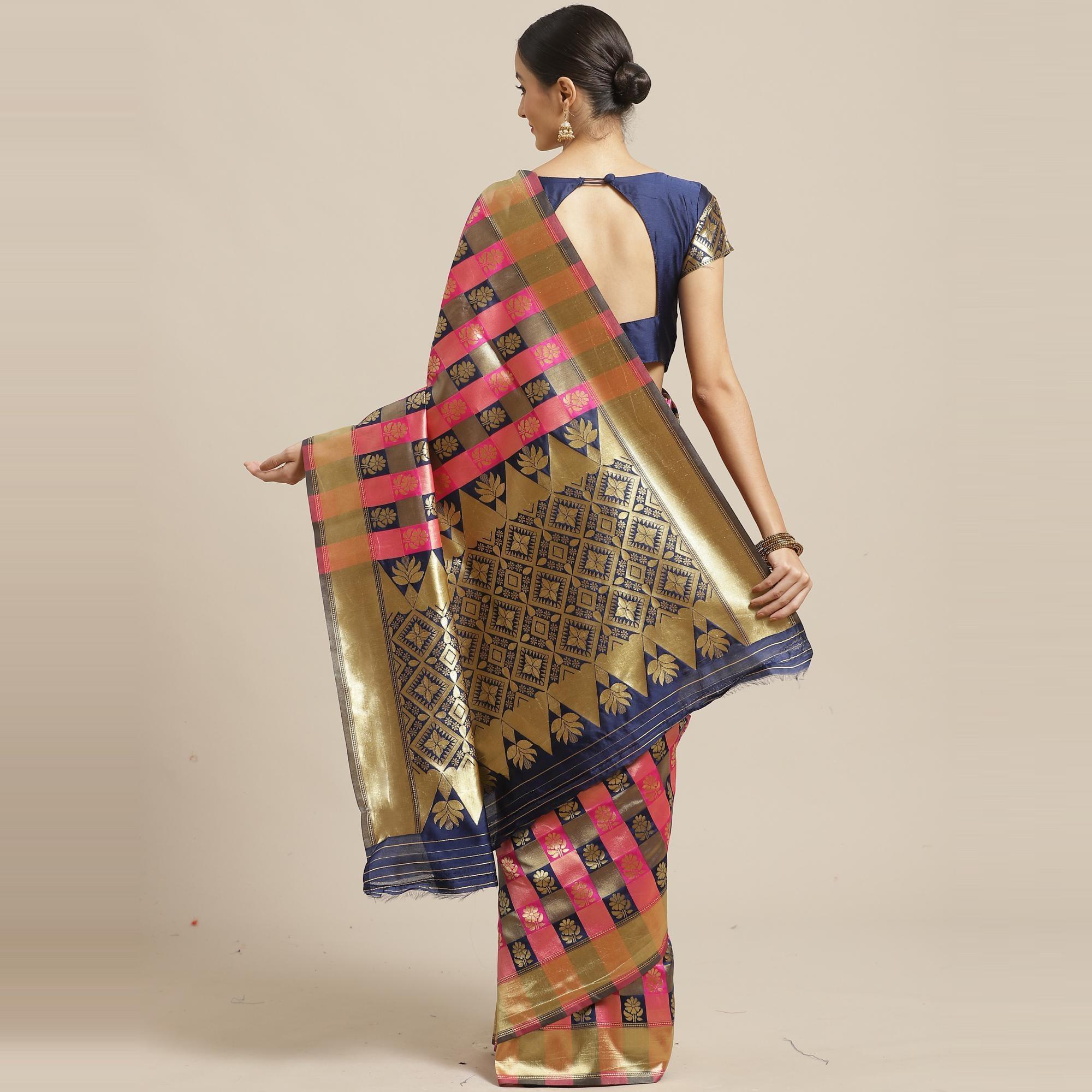 Marvellous Navy Blue - Pink Colored Festive Wear Woven Silk Blend Saree - Peachmode