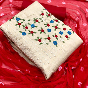 Marvellous Offwhite - Red Colored Casual Wear Embroidered Cotton Dress Material - Peachmode