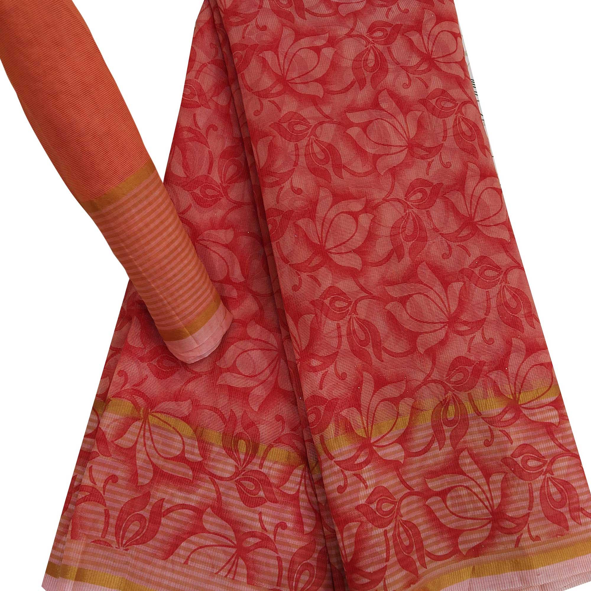 Marvellous Peach Colored Casual Wear Floral Printed Net Saree - Peachmode