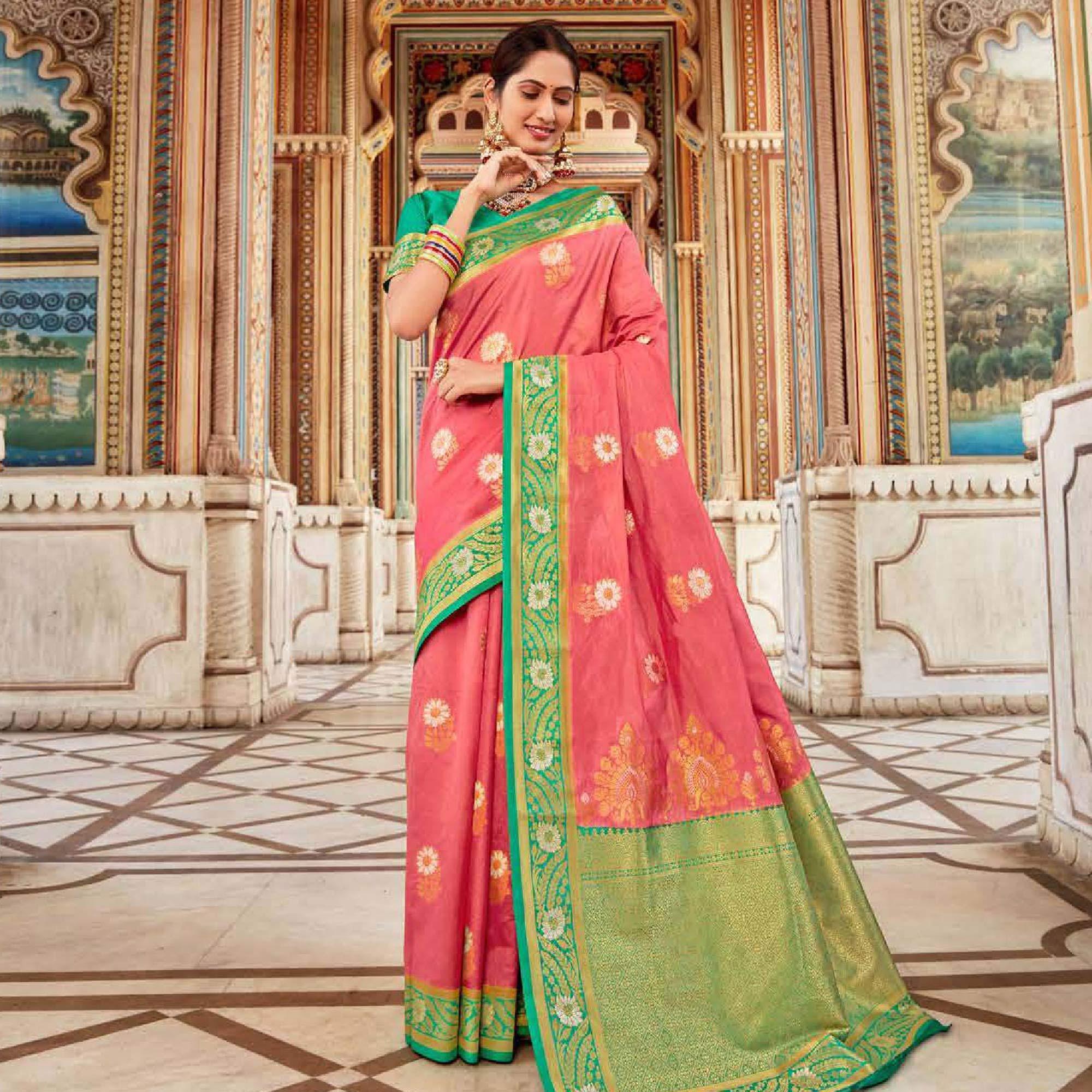Marvellous Peach Colored Festive Wear Woven Art Silk Saree - Peachmode