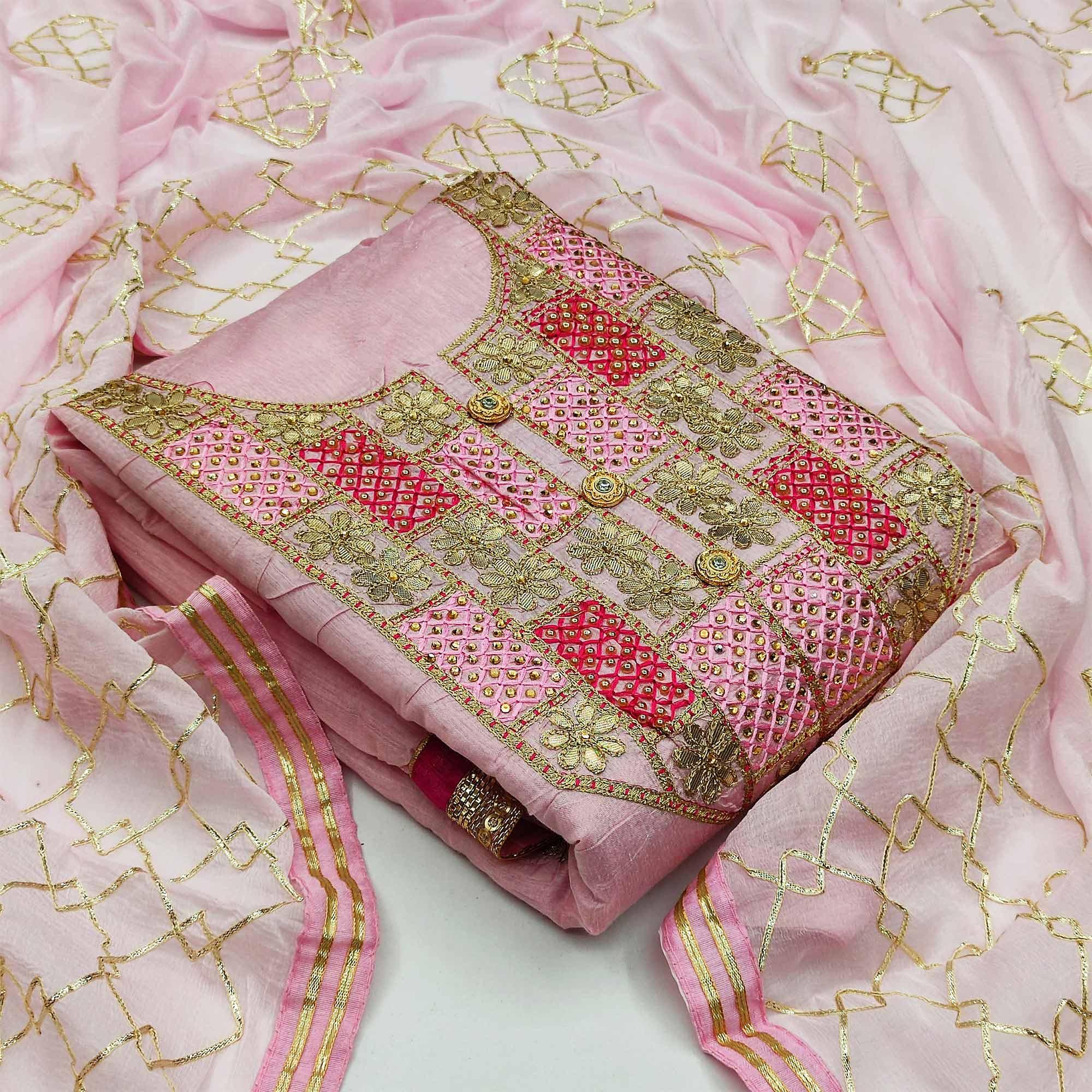 Marvellous Pink Colored Festive Wear Embroidered Heavy Modal Silk Dress Material - Peachmode