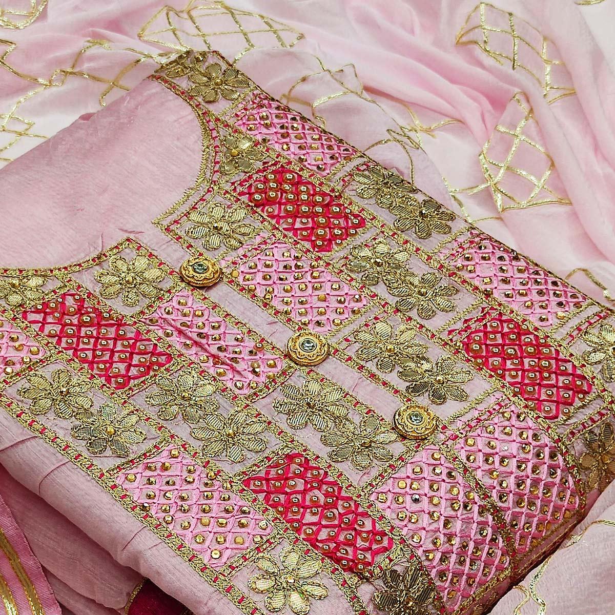 Marvellous Pink Colored Festive Wear Embroidered Heavy Modal Silk Dress Material - Peachmode