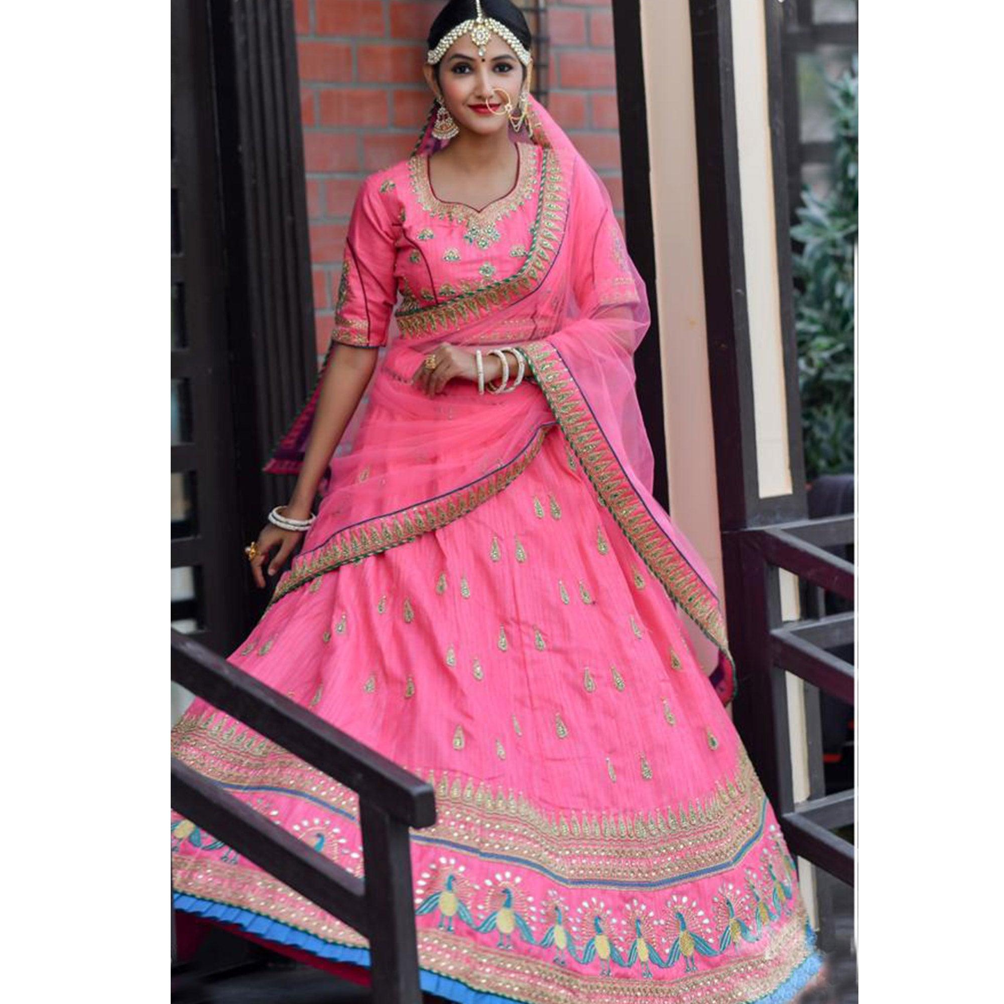 Marvellous Pink Colored Party Wear Embroidered Silk Lehenga Choli - Peachmode