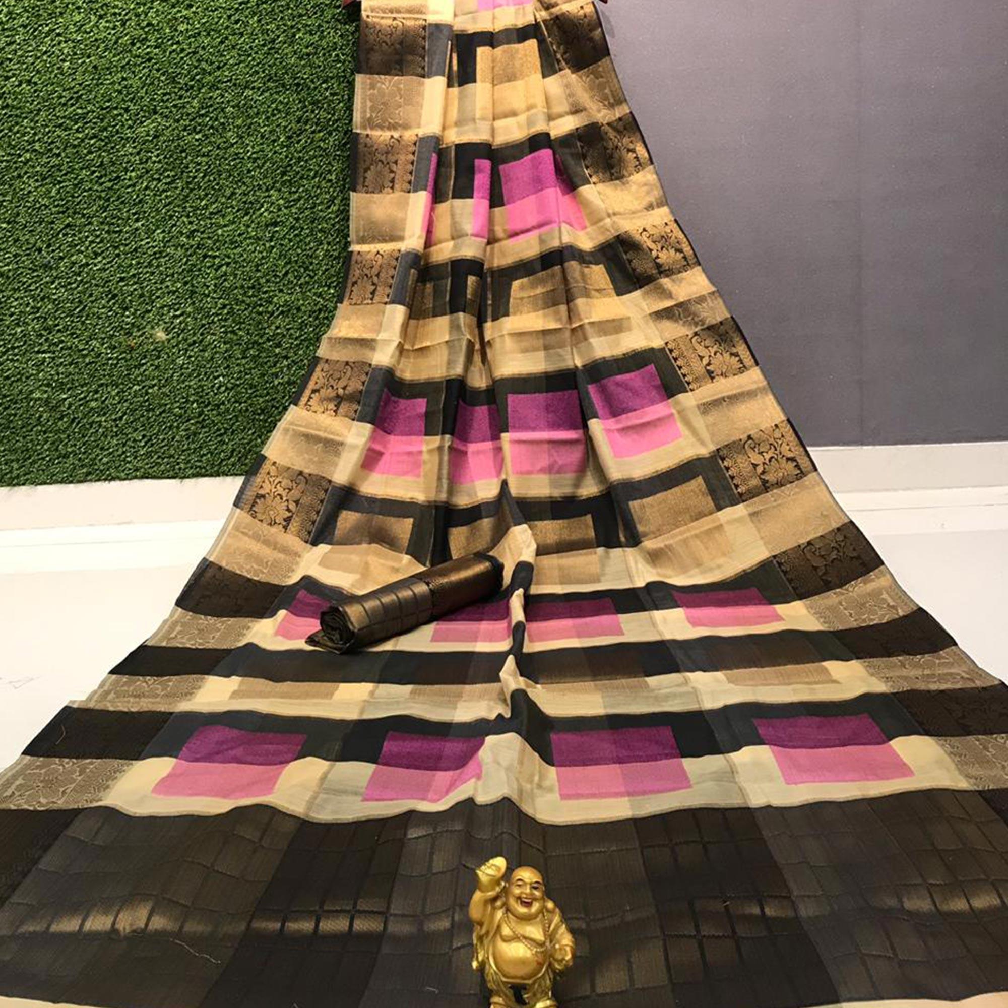 Marvellous Pink - Multi Colored Festive Wear Woven Soft Cotton Saree - Peachmode