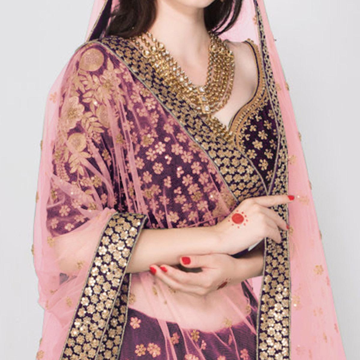 Marvellous Purple Colored Partywear Embroidered Pure Velvet Lehenga Choli - Peachmode