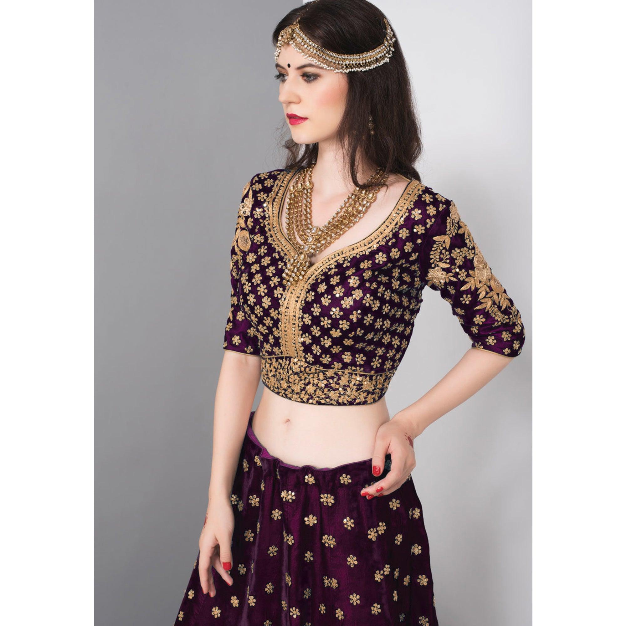 Marvellous Purple Colored Partywear Embroidered Pure Velvet Lehenga Choli - Peachmode