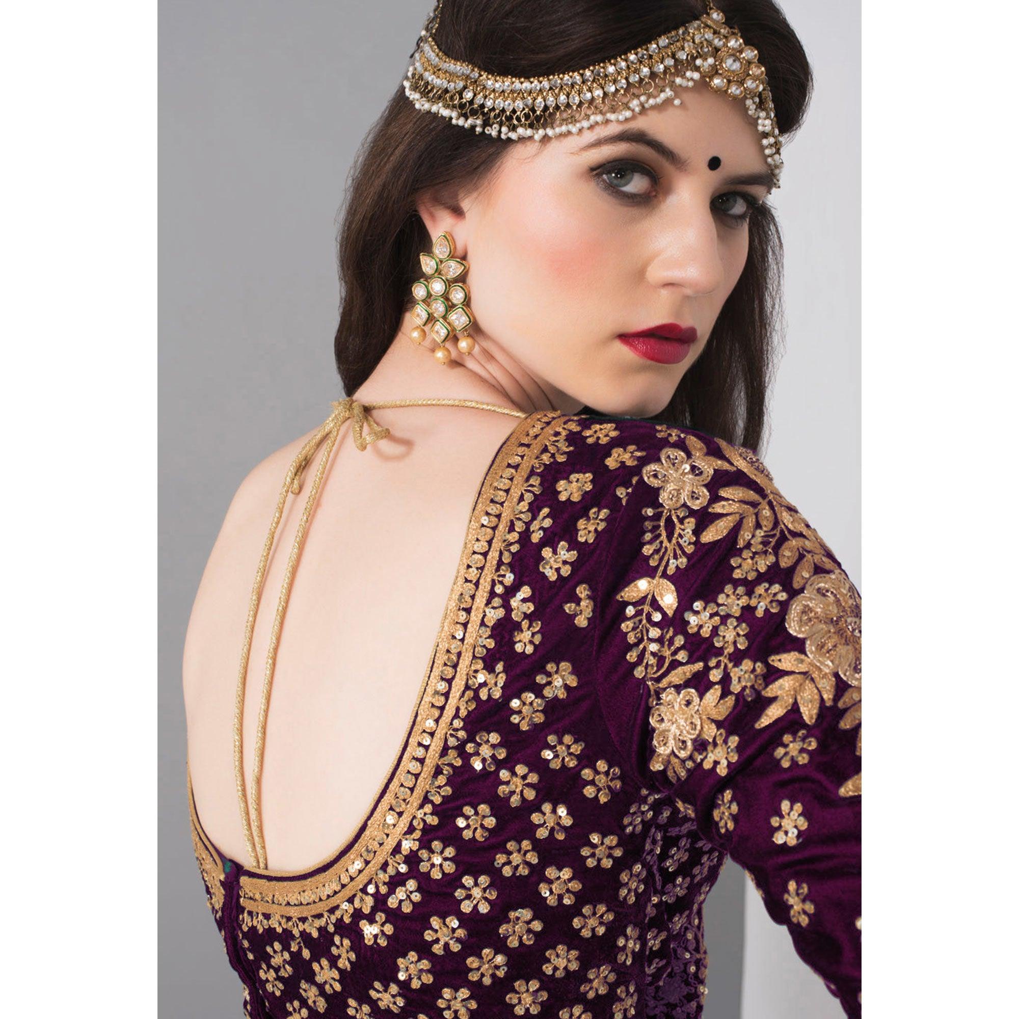 Marvellous Purple Colored Partywear Embroidered Pure Velvet Lehenga Choli - Peachmode
