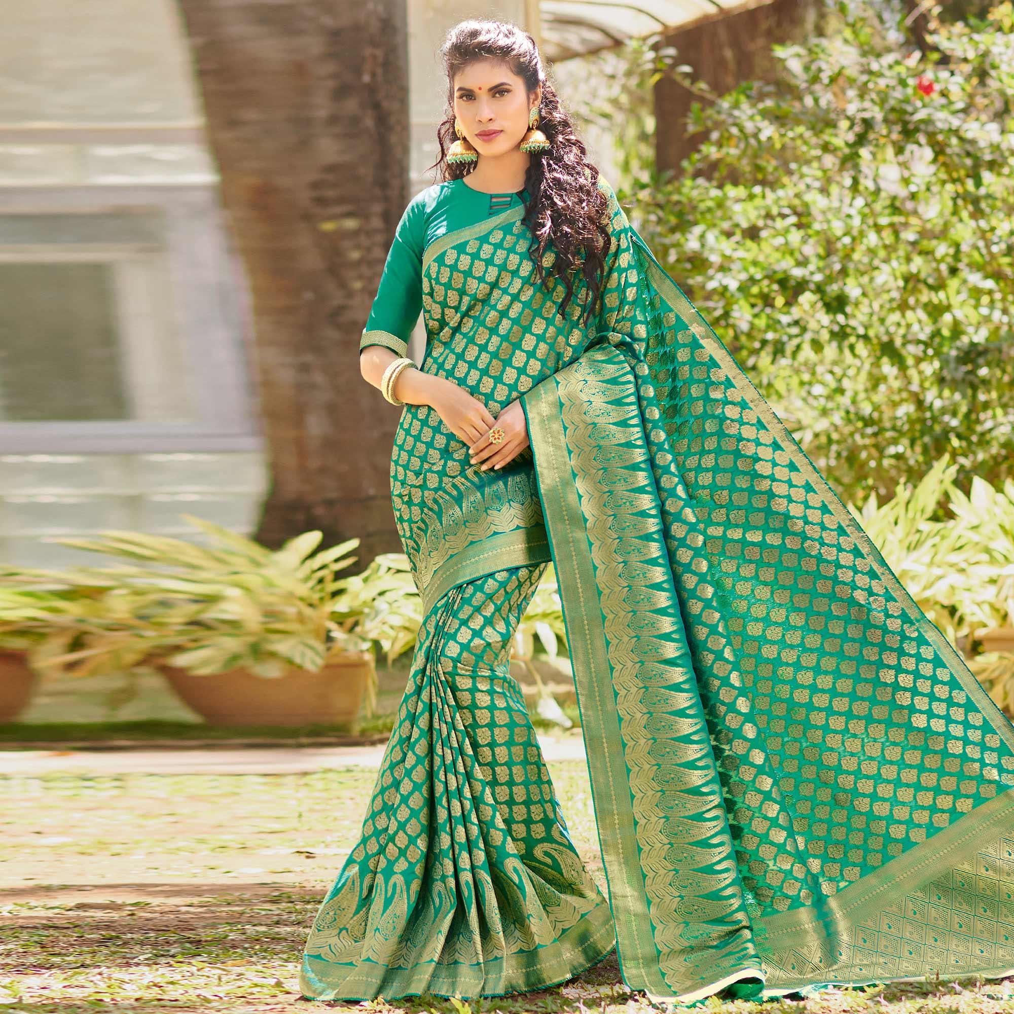 Marvellous Turquoise Green Colored Festive Wear Woven Silk Saree - Peachmode