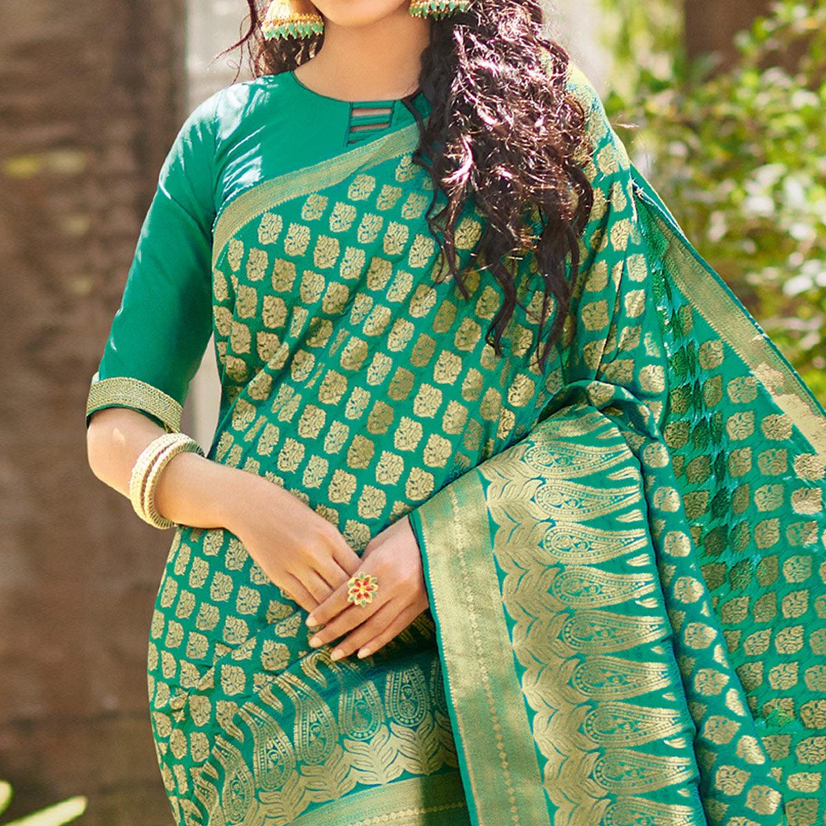 Marvellous Turquoise Green Colored Festive Wear Woven Silk Saree - Peachmode