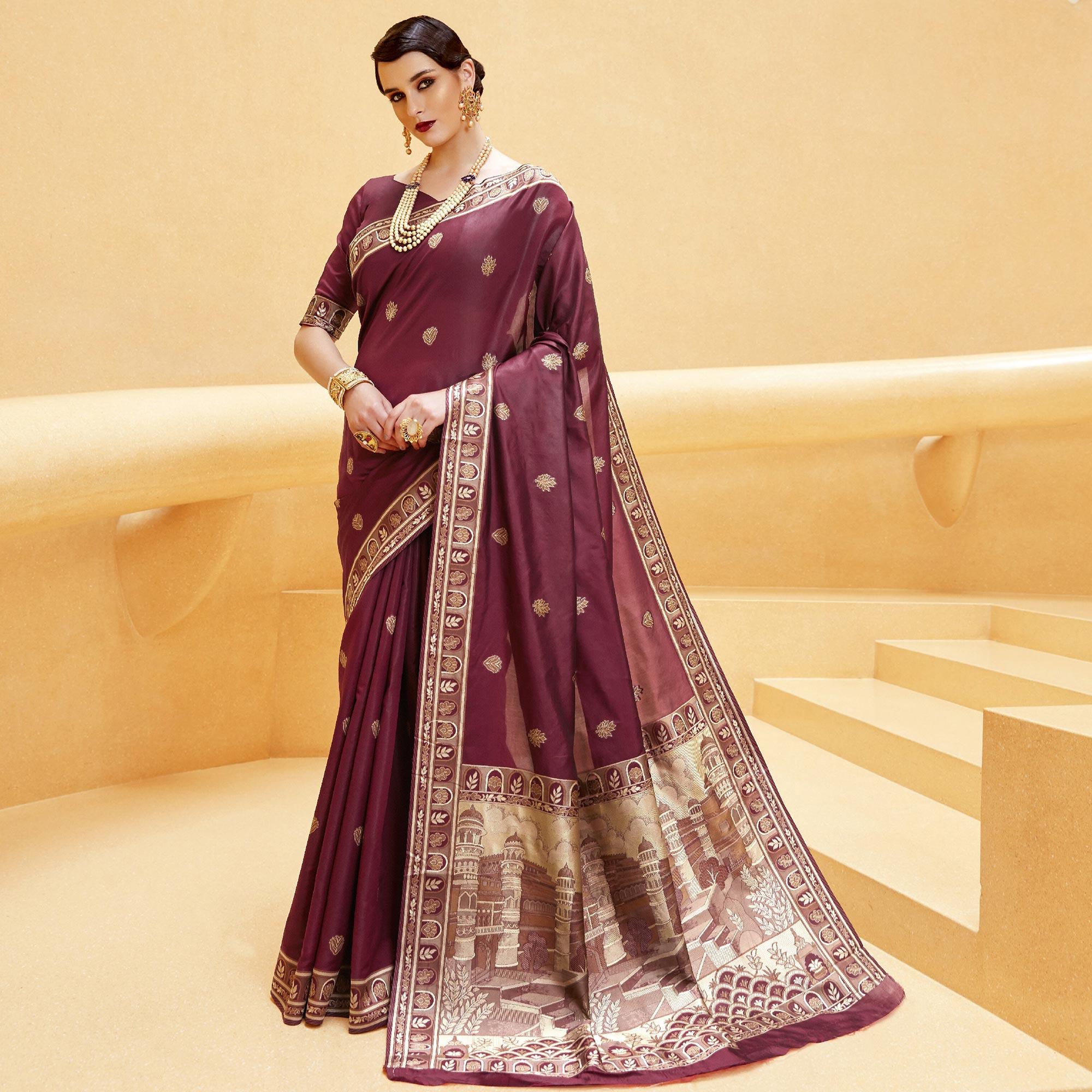 Marvellous Wine Colored Party Wear Printed Silk Saree - Peachmode