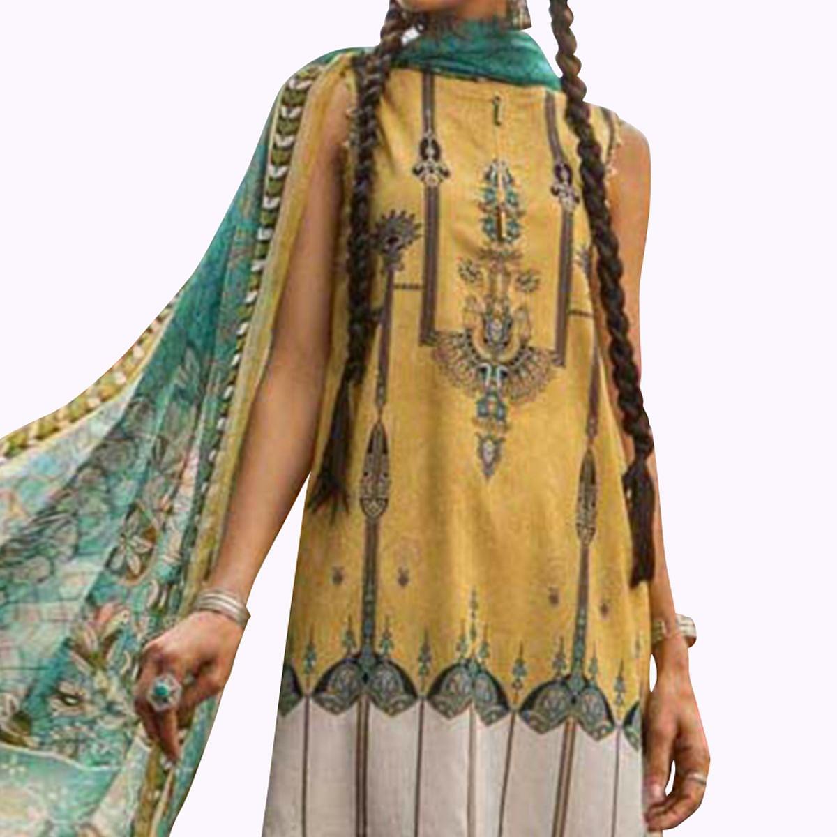 Marvellous Yellow Colored Partywear Embroidered Cotton Suit - Peachmode