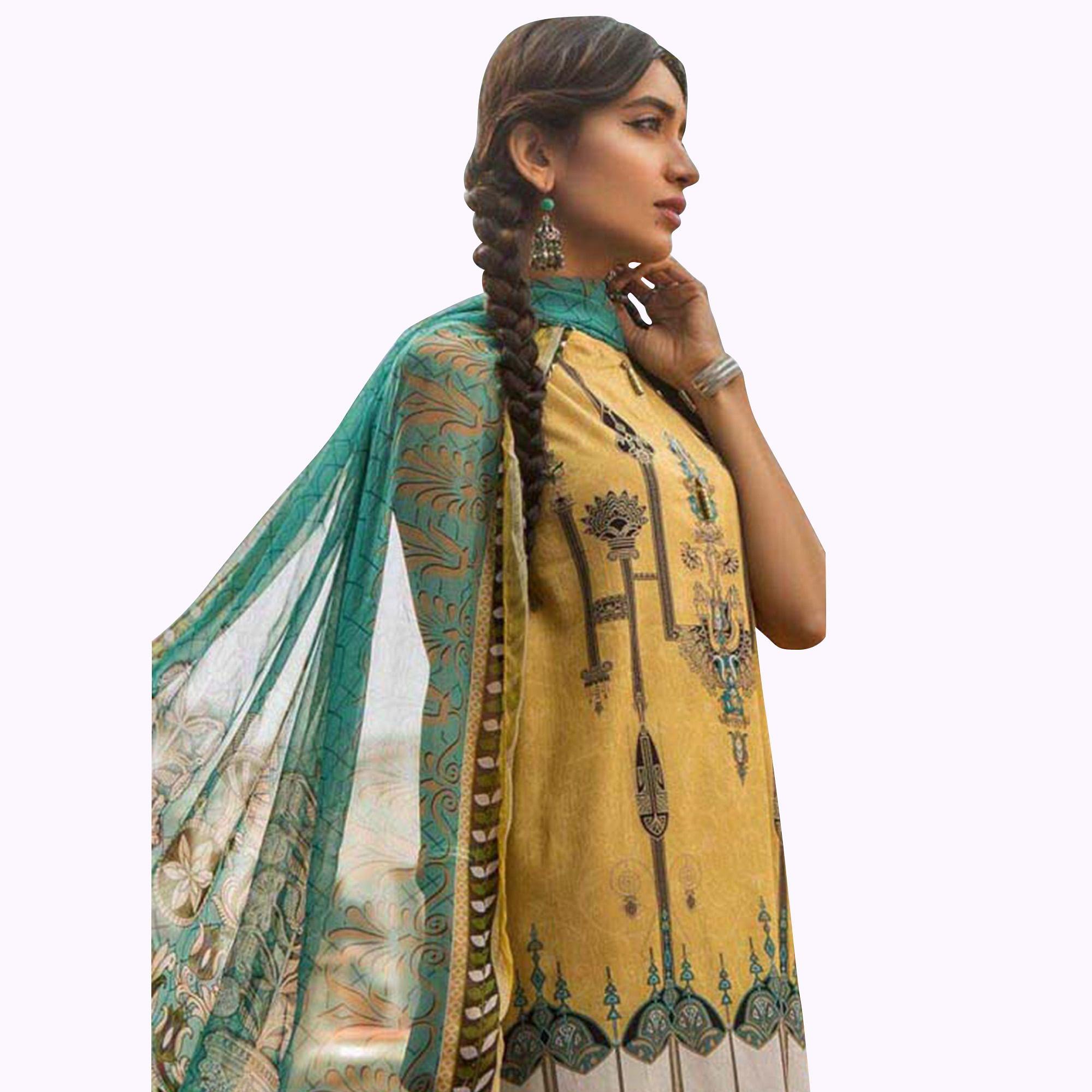 Marvellous Yellow Colored Partywear Embroidered Cotton Suit - Peachmode