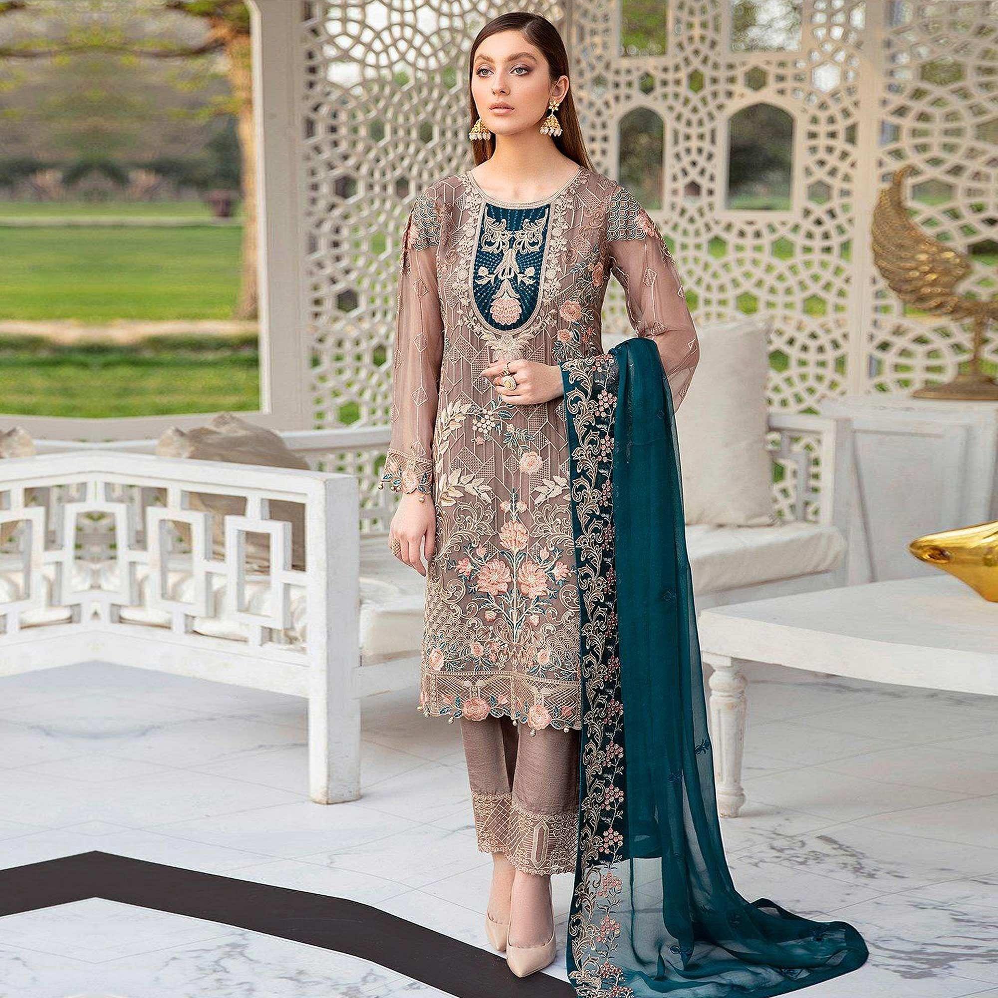 Matalic Festive Wear Floral Embroidered Straight Style Faux Georgette Palazzo Suit - Peachmode