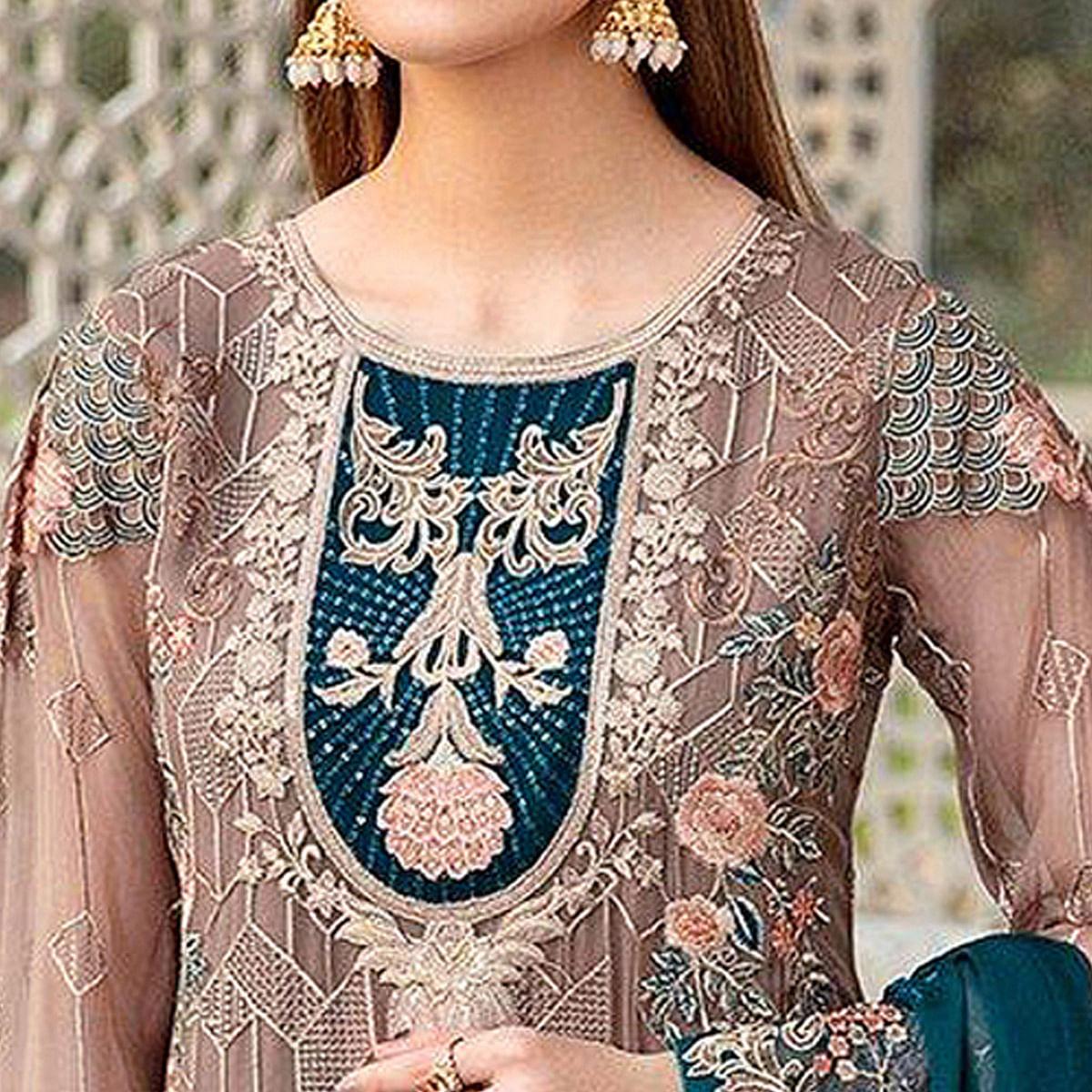 Matalic Festive Wear Floral Embroidered Straight Style Faux Georgette Palazzo Suit - Peachmode