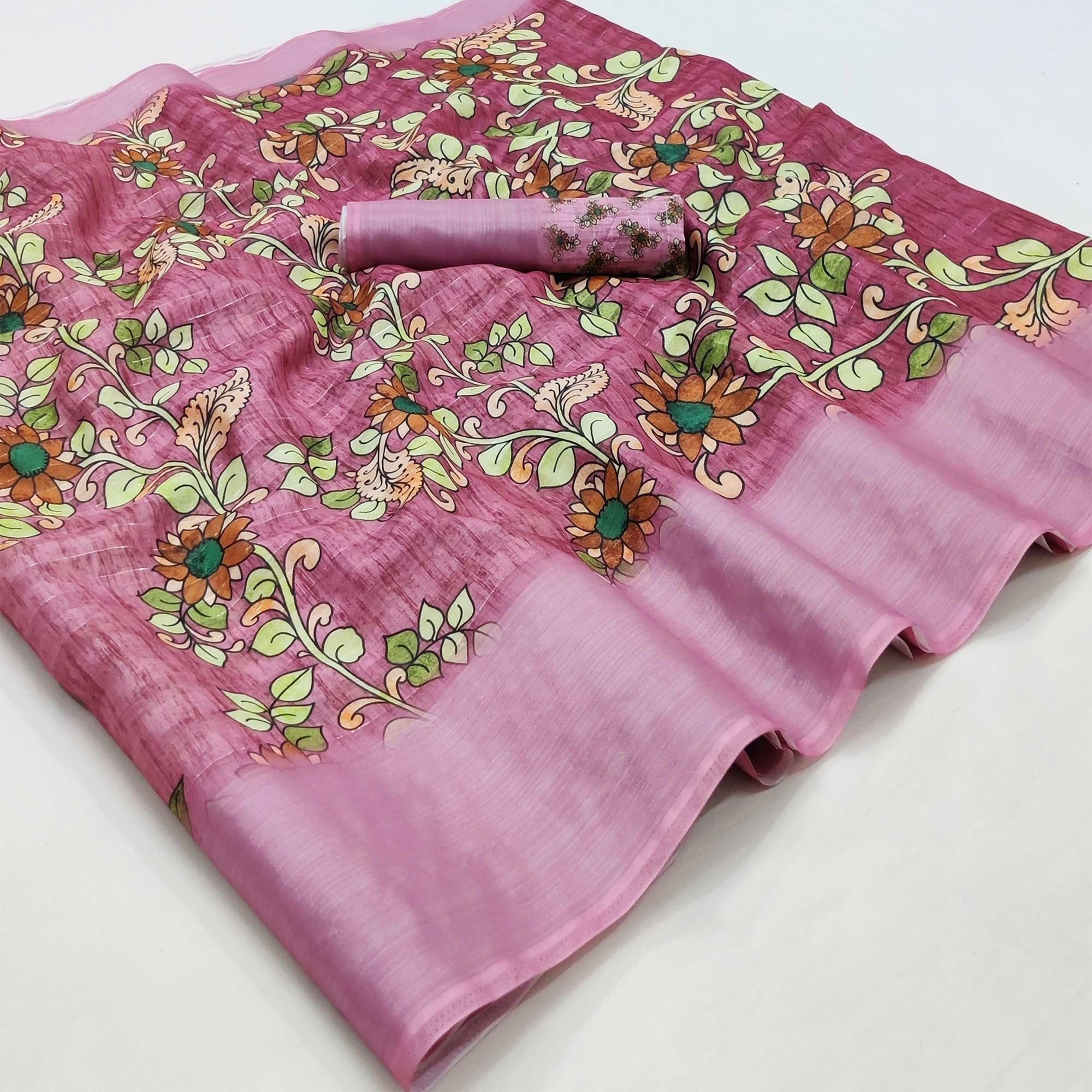 Mauve Casual Wear Digital Floral Printed Cotton Silk Saree - Peachmode