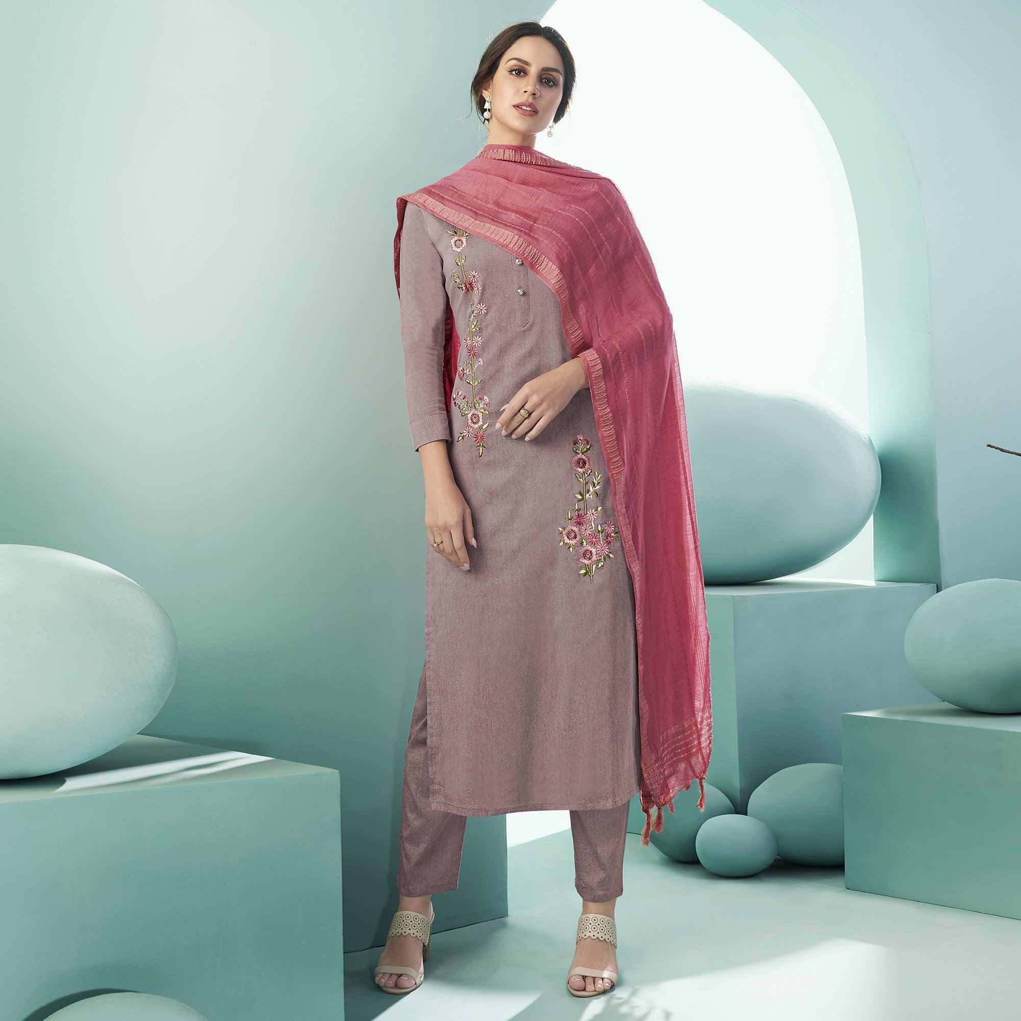 Mauve Casual Wear Embroidered Cotton Suit - Peachmode