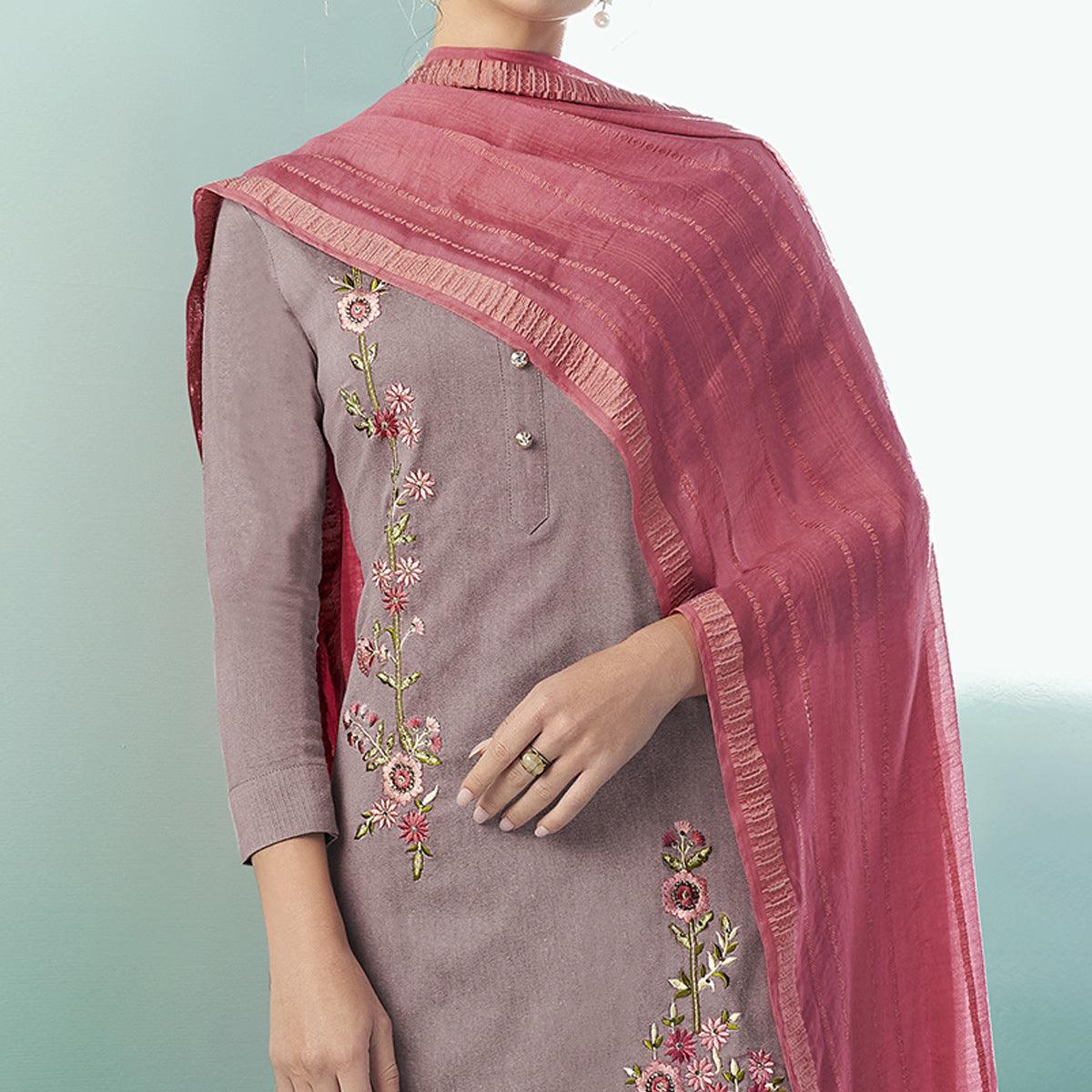 Mauve Casual Wear Embroidered Cotton Suit - Peachmode